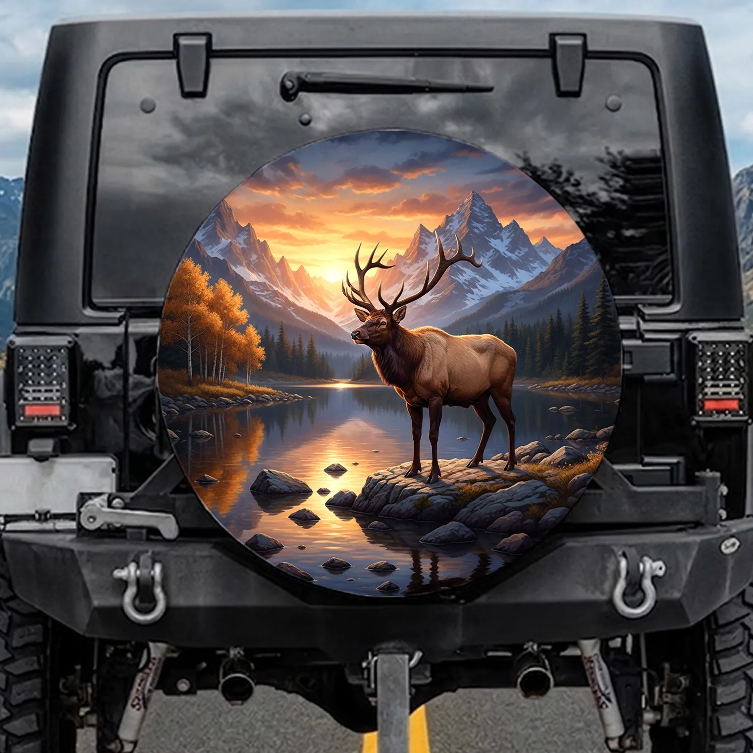 Majestic Bull Elk Mountain Lake Sunset - Wildlife Lover Gift Spare Tire Cover - 1