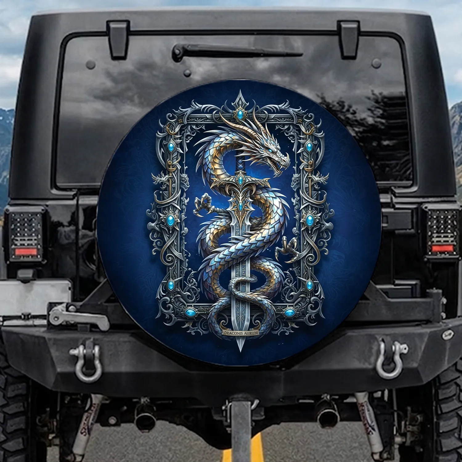 Silver Gold Dragon Broadsword Azure Gems - Fantasy Lover Gift for Adventure Seeker Spare Tire Cover - 1
