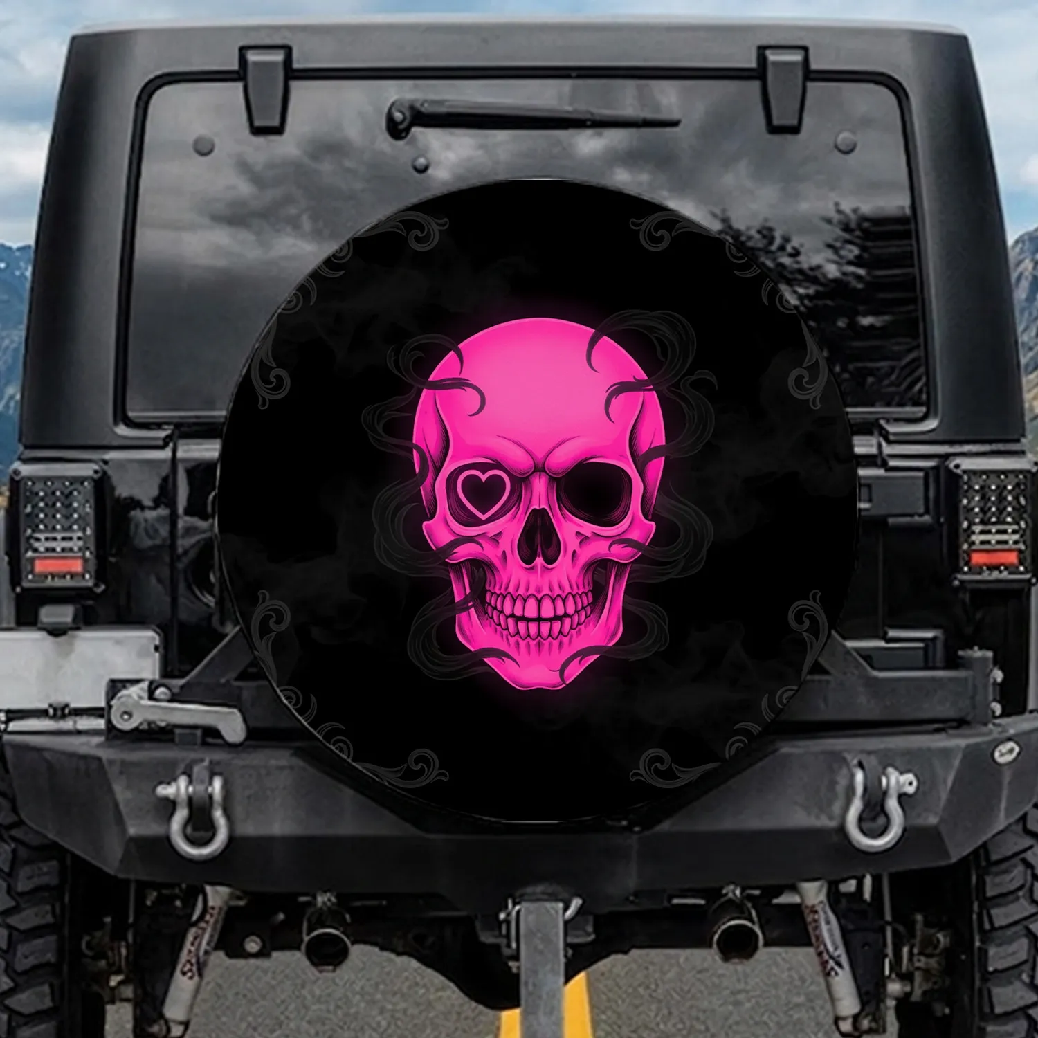 Neon Pink Winking Skull Heart Eye Ethereal Mist Dark Gothic Filigree - Gothic Lover Gift Spare Tire Cover - 1