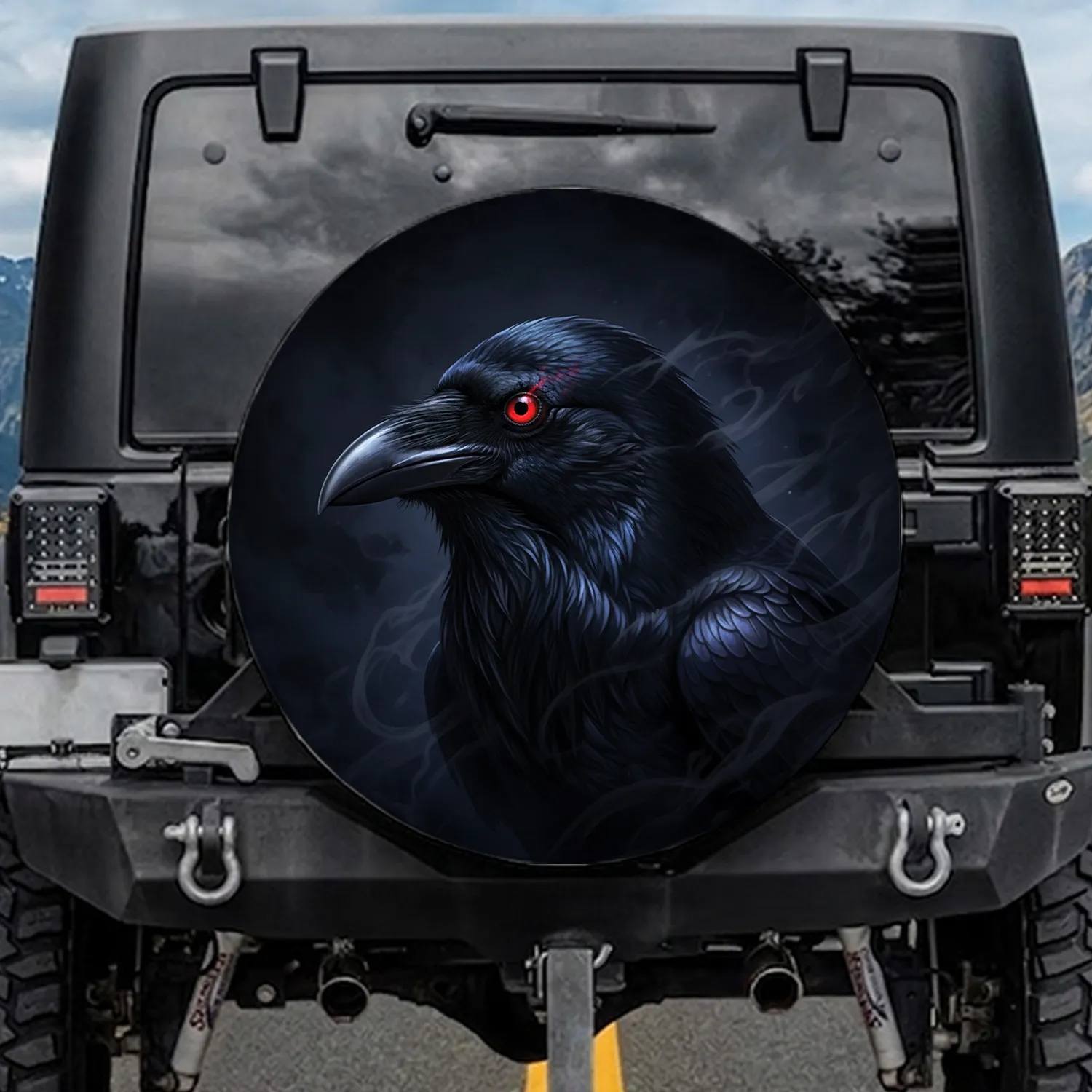 Majestic Black Raven Glowing Red Eyes Dark Mist - Dark Fantasy Car Decor Gift Spare Tire Cover - 1