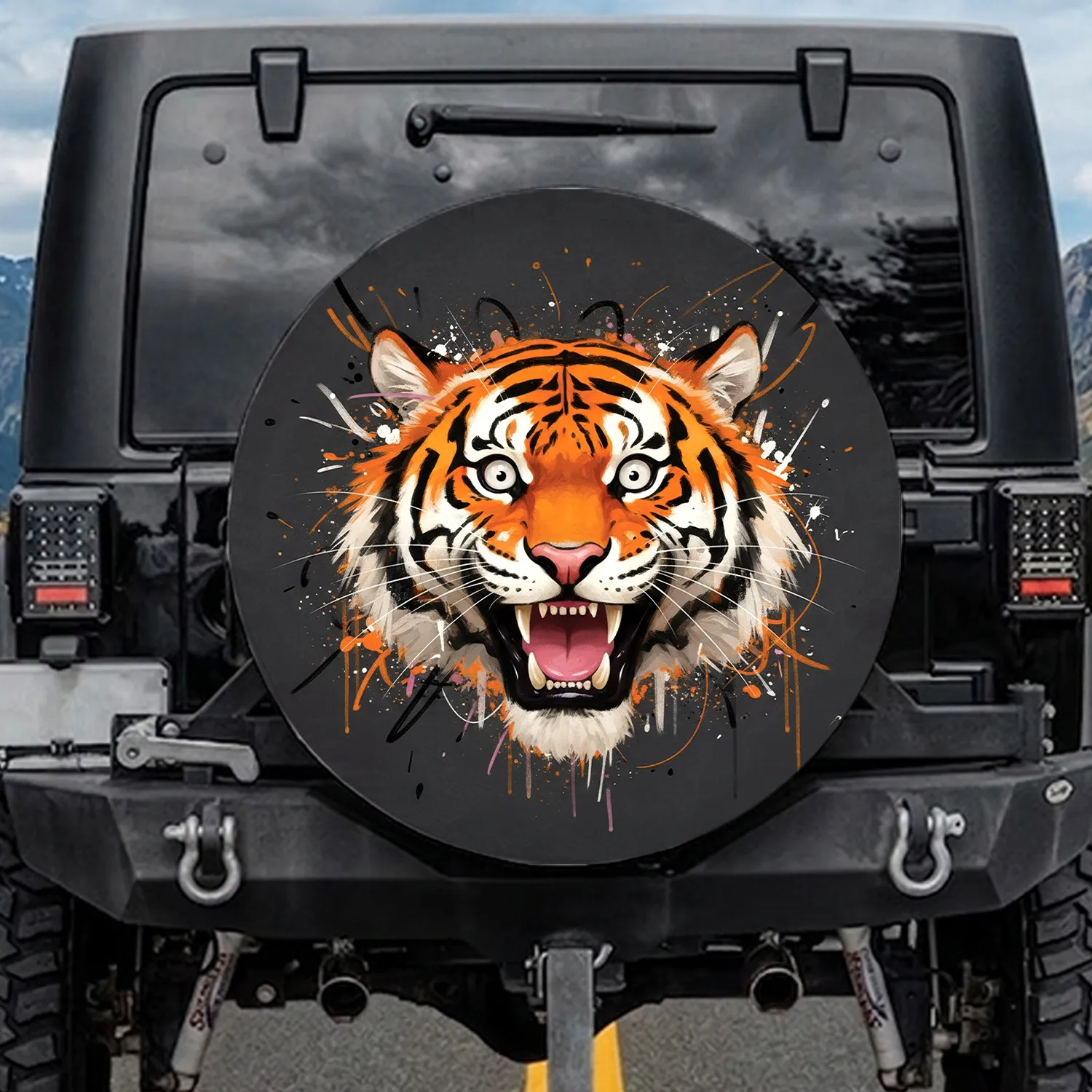 Expressive Orange Tiger Head Goofy Grin Black Stripes - Wild Animal Lover Gift Spare Tire Cover - 1