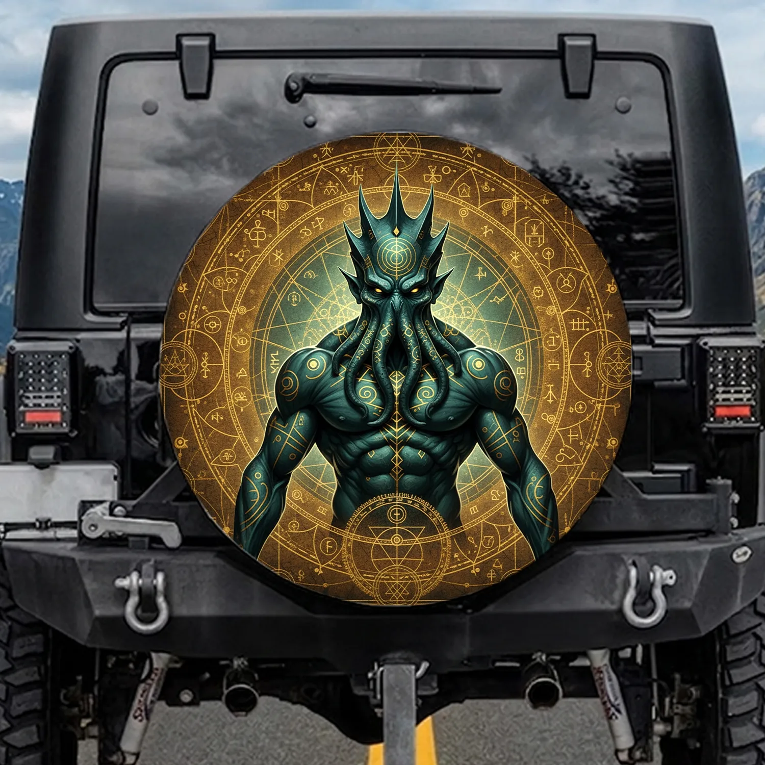 Powerful Cthulhu Entity Ancient Eldritch Runes Cosmic Map - Occult Fantasy Decor Gift Spare Tire Cover - 1