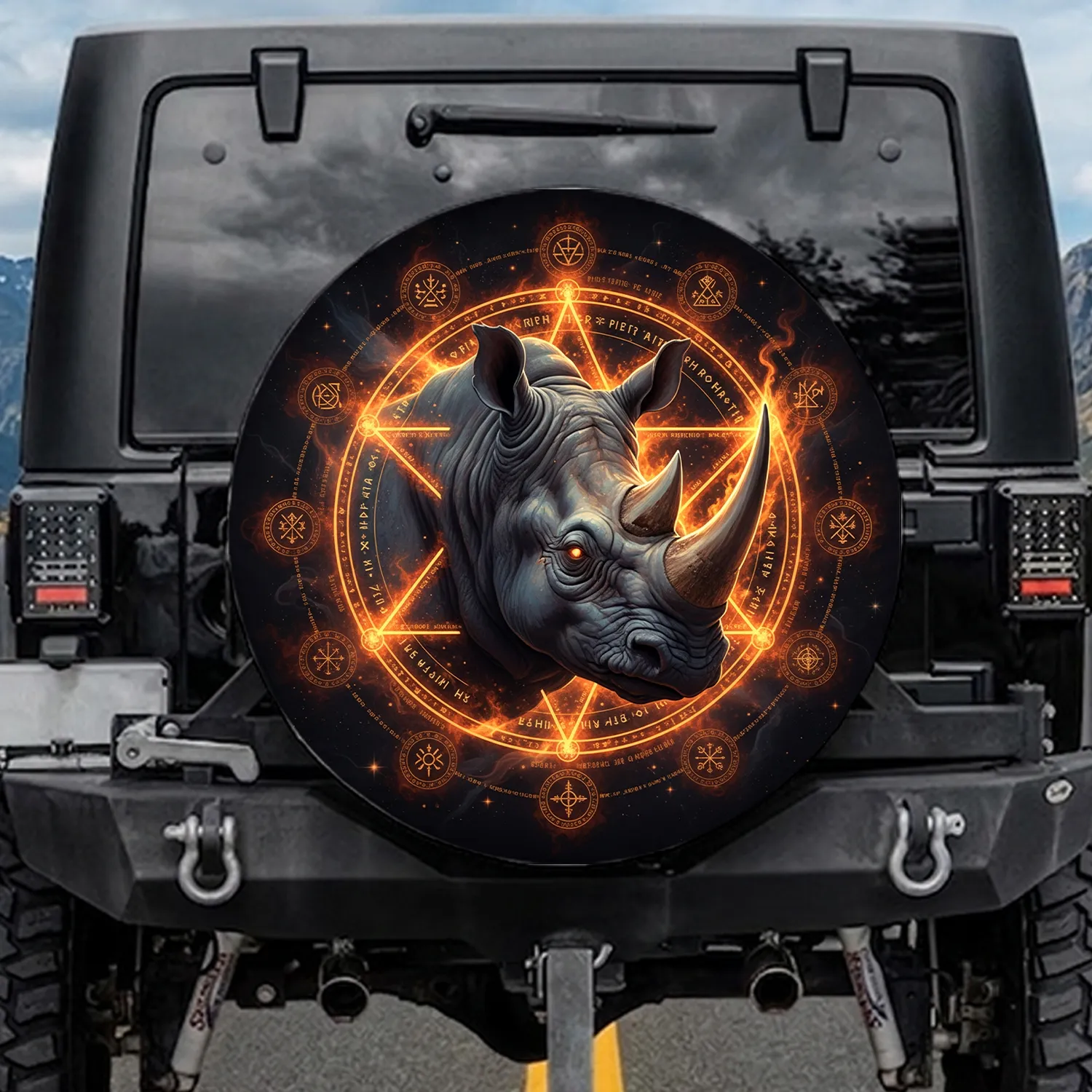 Realistic Rhinoceros Head Pentagram Mystic Symbols - Wildlife & Fantasy Lover Gift Spare Tire Cover - 1