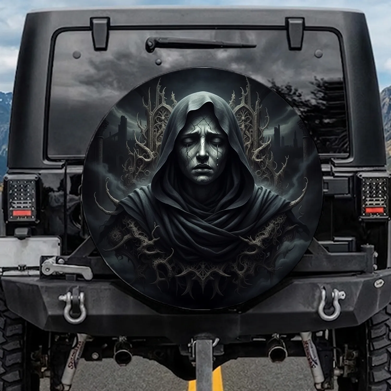 Ancient Sorrowful Stone Face Dark Drapery - Gothic Decor Gift Spare Tire Cover - 1
