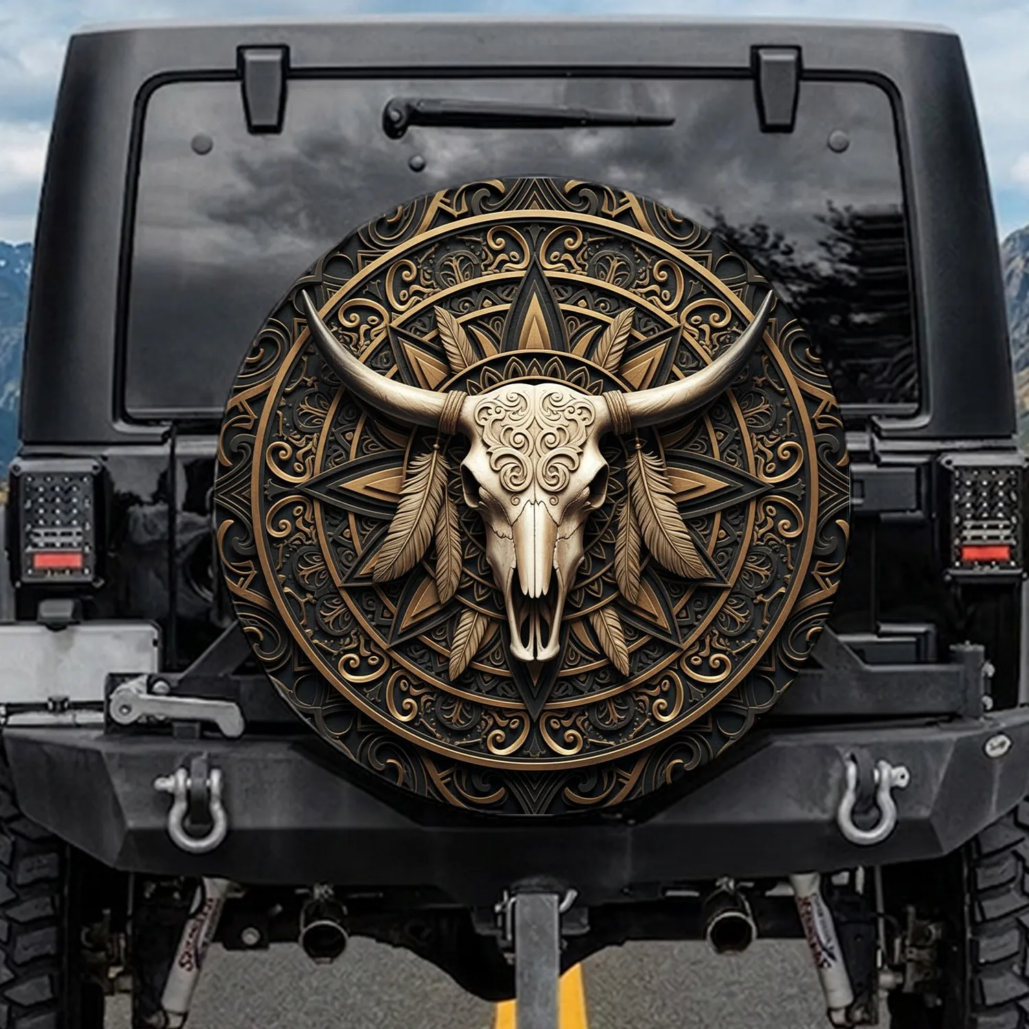 Longhorn Bull Skull Feathers Tribal Mandala - Western Car Decor Gift for Cowboy Spare Tire Cover - 1