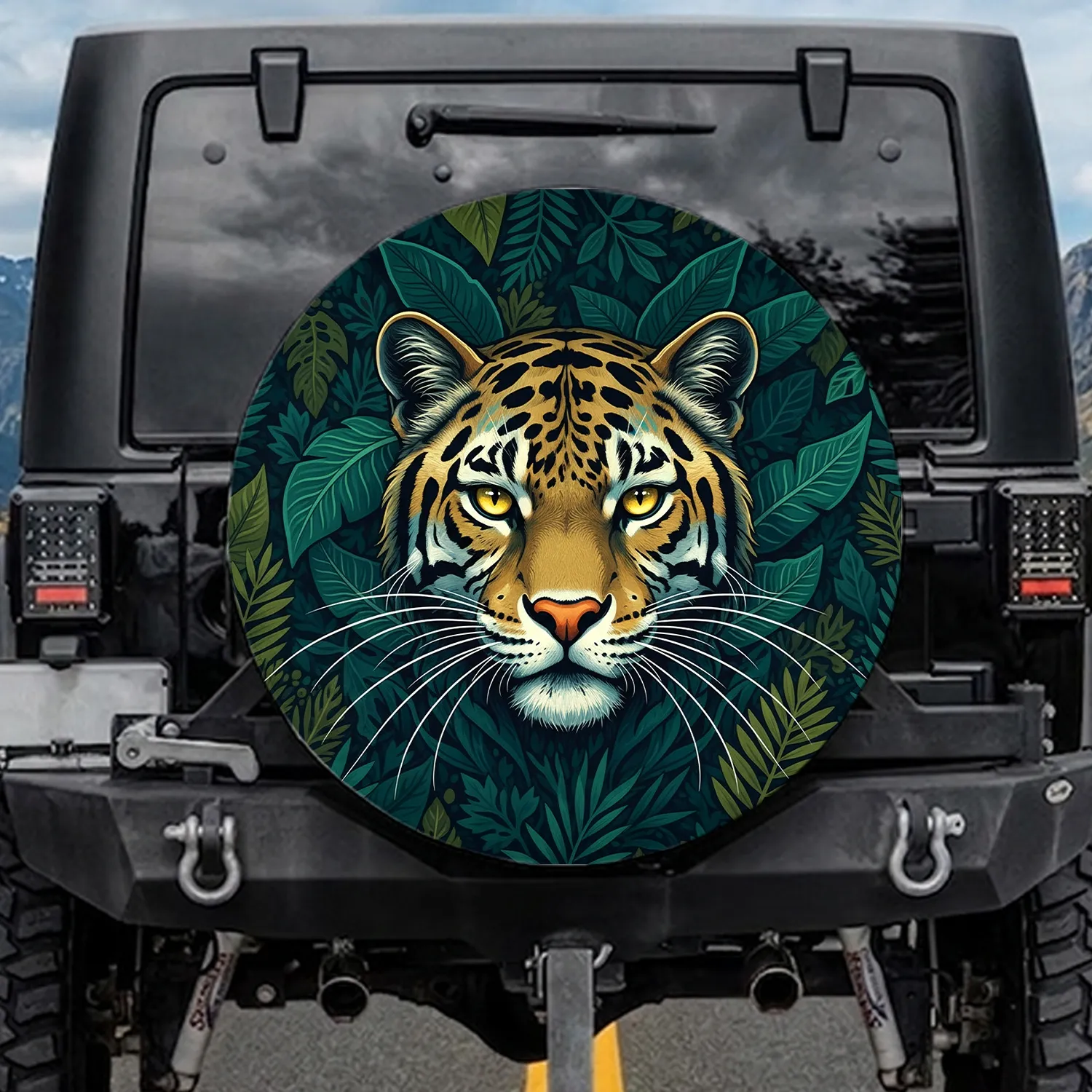 Majestic Jungle Cat Yellow Eyes White Whiskers Tropical Foliage - Wildlife Lover Gift Spare Tire Cover - 1