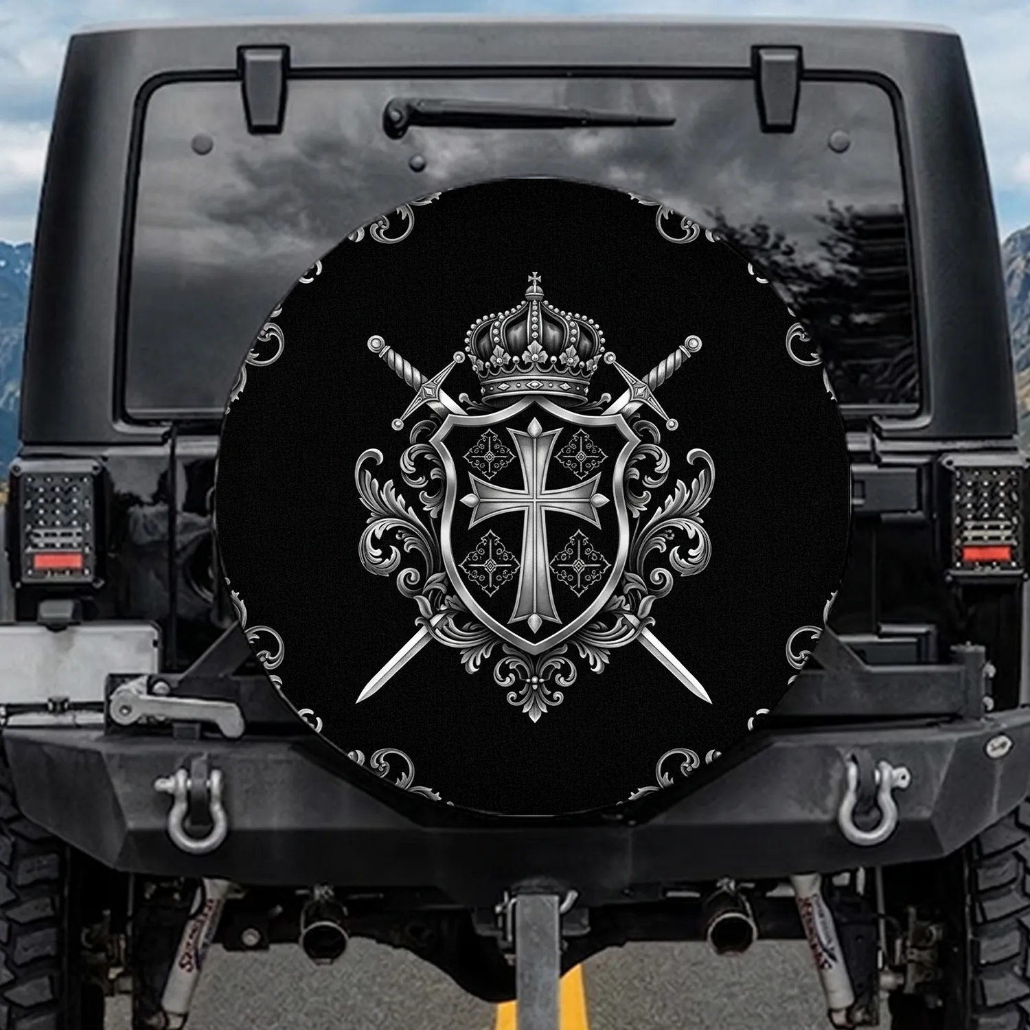 Silver Crown Shield Crossed Swords Rococo Scrollwork - Formal Decor Gift Spare Tire Cover - 1