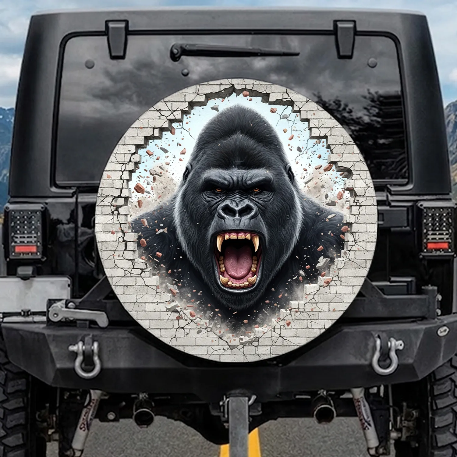 Silverback Gorilla Roaring Shattered Brick - Wildlife Lover Gift for Men Spare Tire Cover - 1