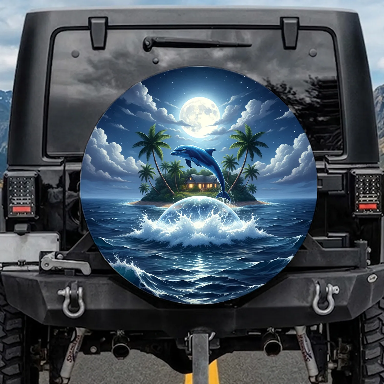 Blue Dolphin Ocean Tropical Island House Full Moon Stars - Coastal Car Decor Gift Spare Tire Cover - 1