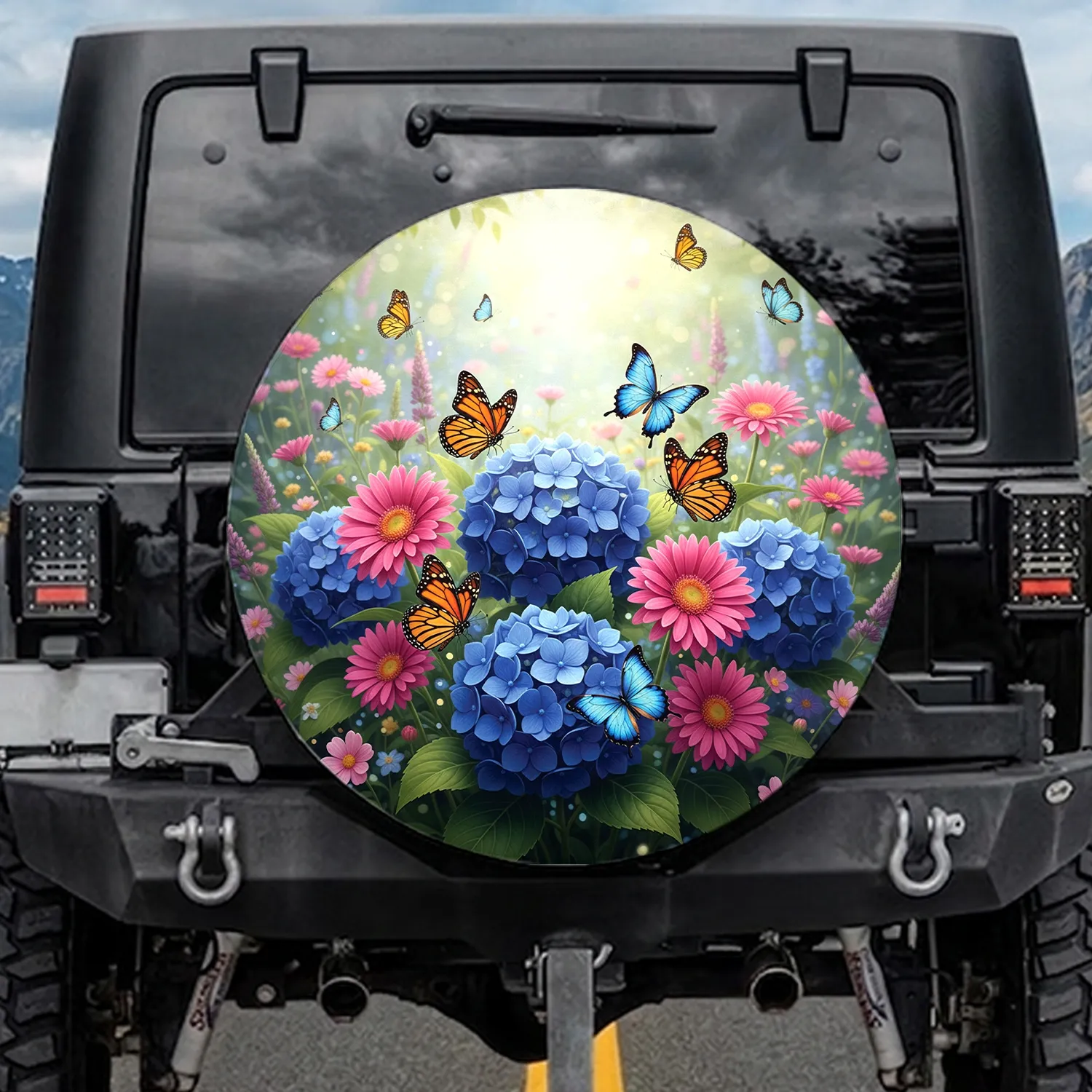 Monarch Butterfly Electric Blue Hydrangea Pink Gerbera Garden - Outdoor Living Gift Spare Tire Cover - 1
