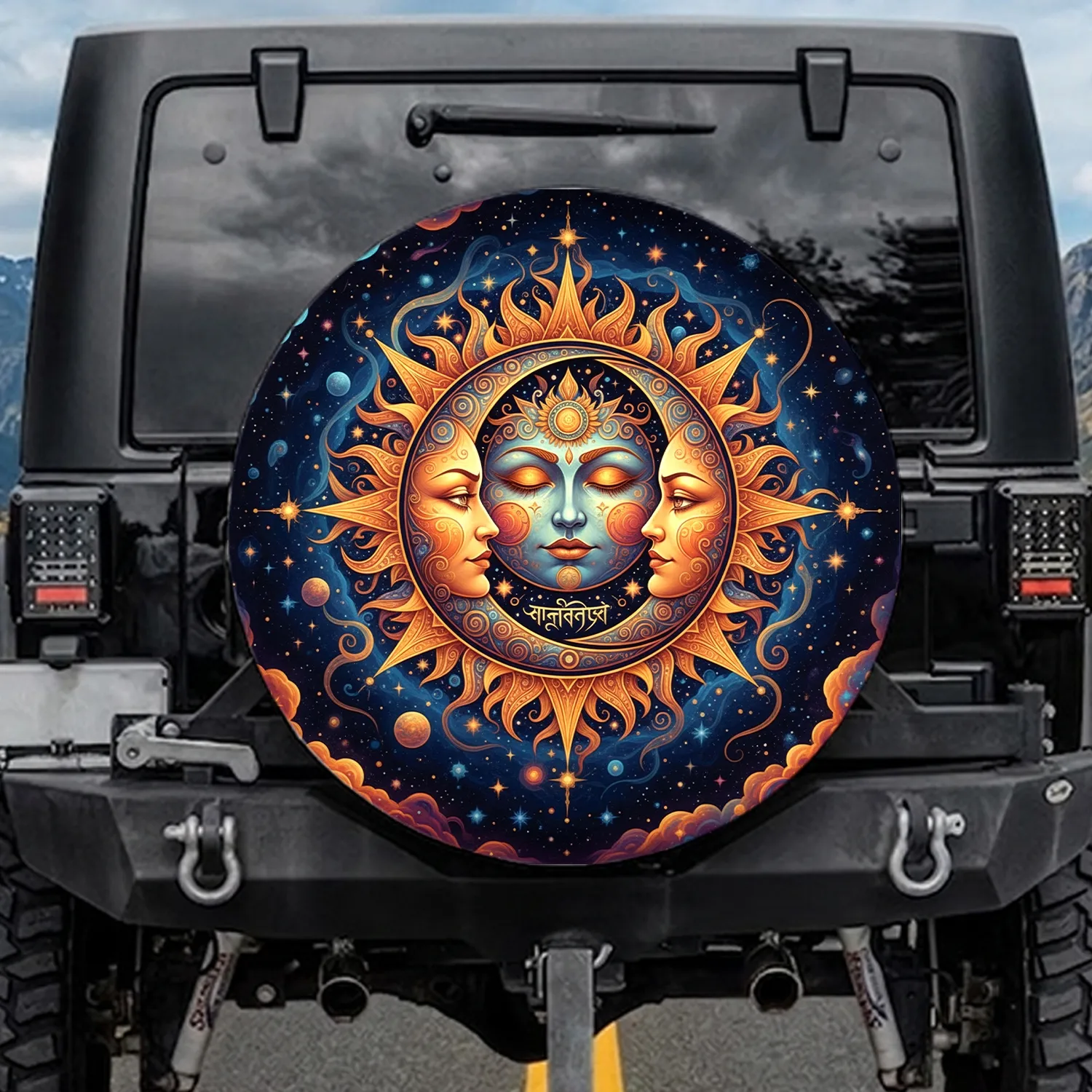 Humanized Sun Moon Embrace Celestial Cosmic Nebula Stars Night Sky - Travel Enthusiast Gift Spare Tire Cover - 1