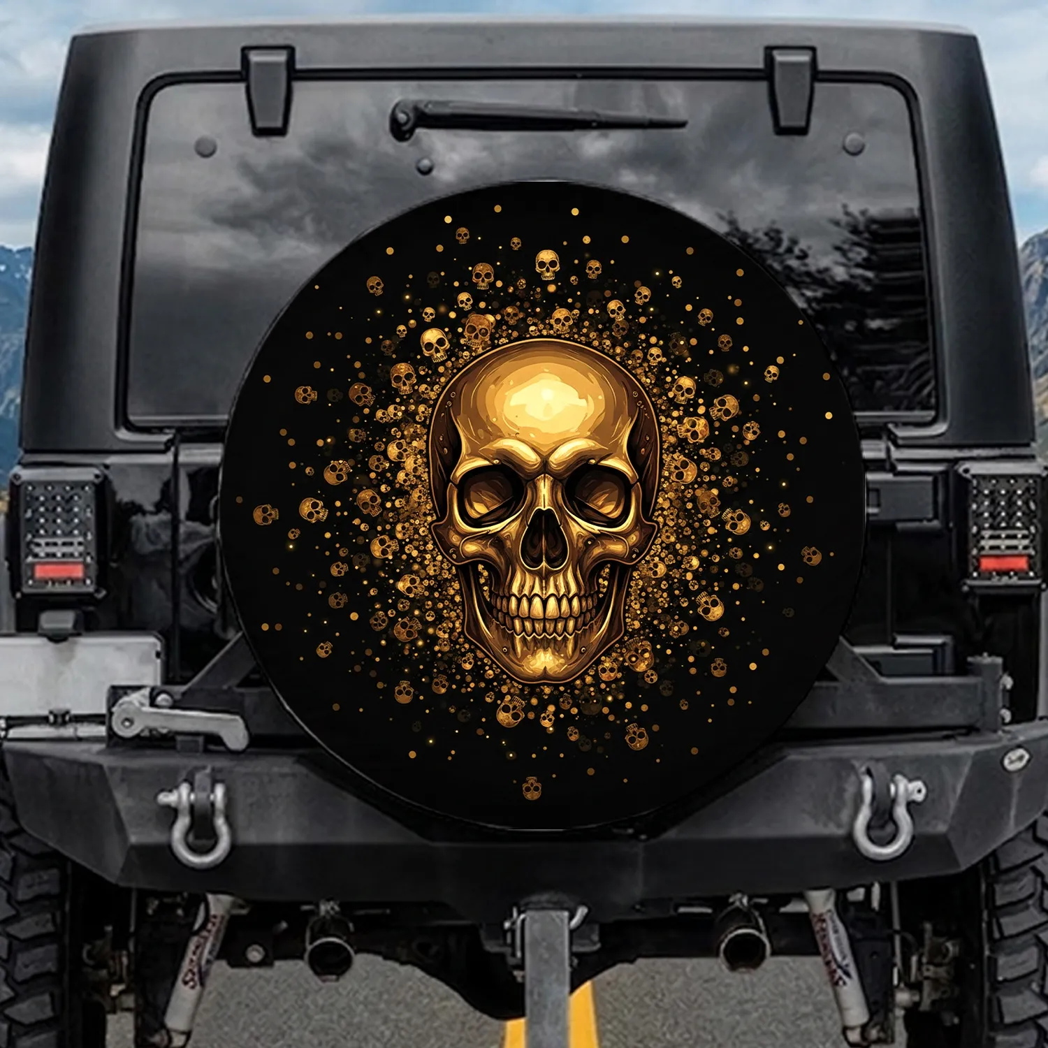Golden Skull Scattered Skulls & Dots - Custom Vehicle Decor for Skull Lover Spare Tire Cover - 1