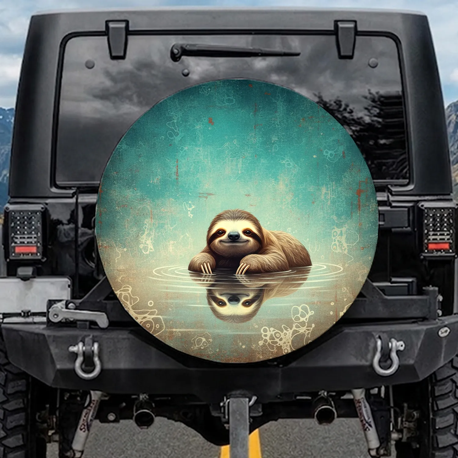 Friendly Sloth Calm Water Teal Turquoise Rust Streaks - Wildlife Lover Gift Spare Tire Cover - 1