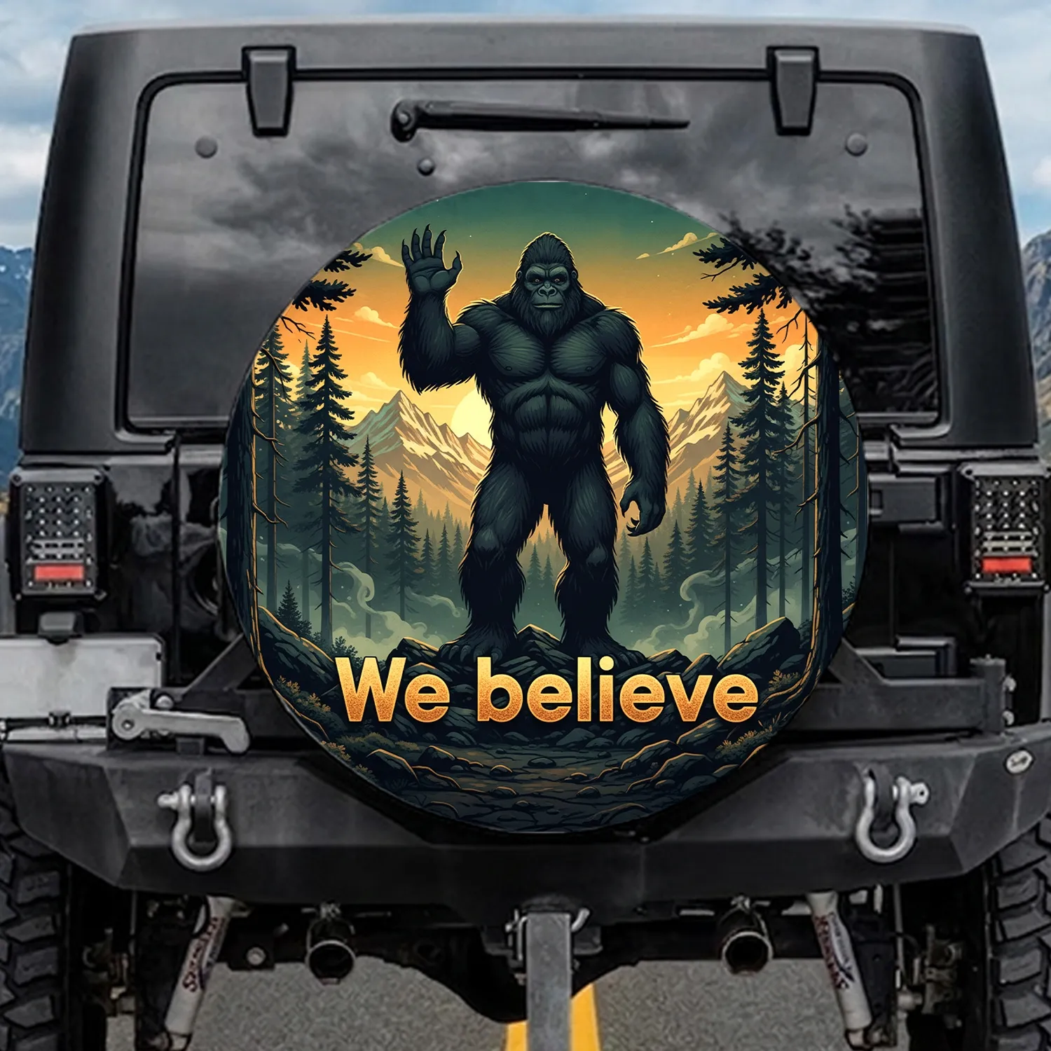 Dark Fur Creature Waving We Believe - Mountain Forest Wildlife Lover Gift Spare Tire Cover - 1