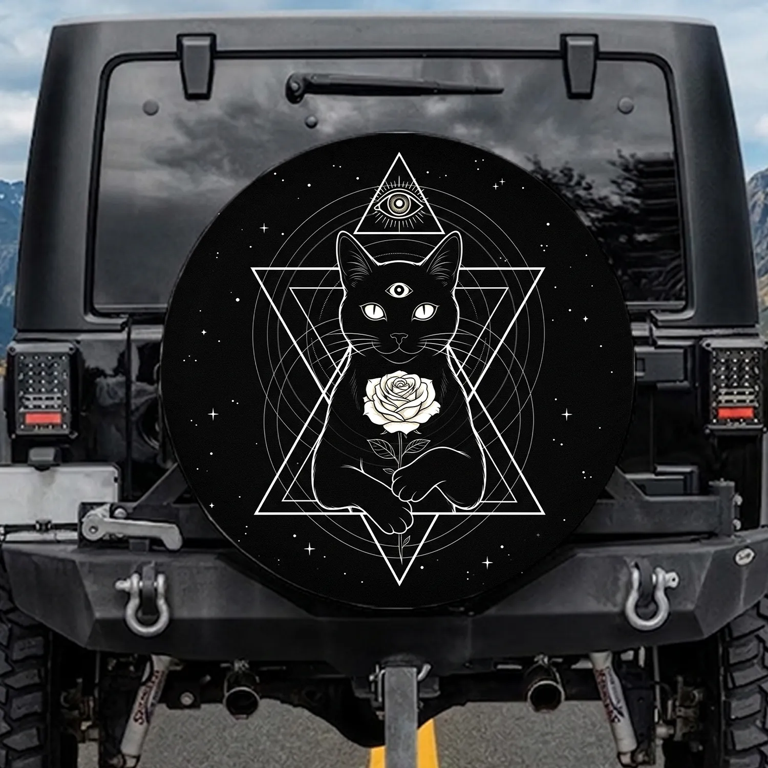 Black Cat Eye of Providence White Rose Geometric Triangle - Car Decor Gift for Cat Lovers Spare Tire Cover - 1