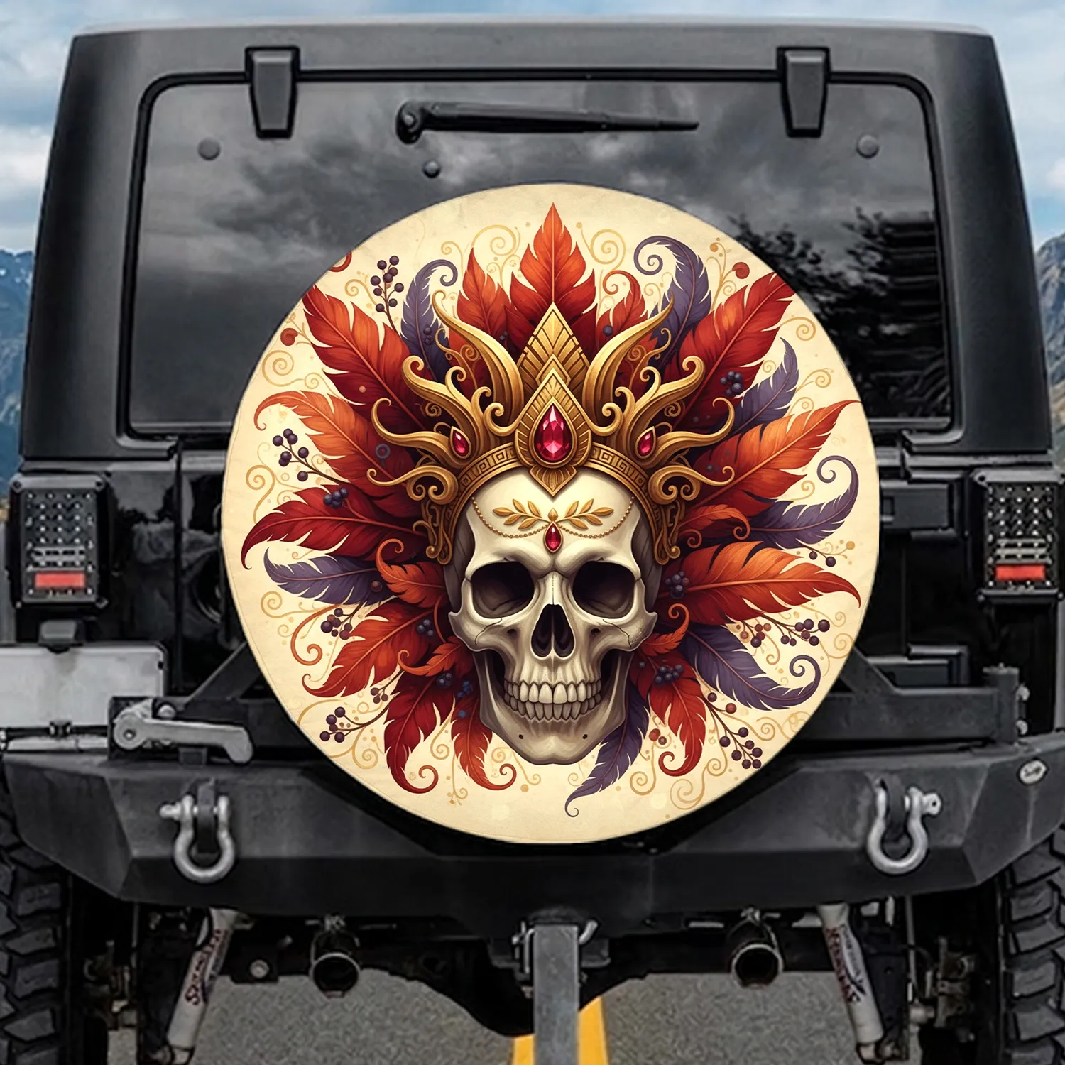 Adorned Skull Golden Headdress Exotic Feathers - Ornate Car Decor Gift Spare Tire Cover - 1