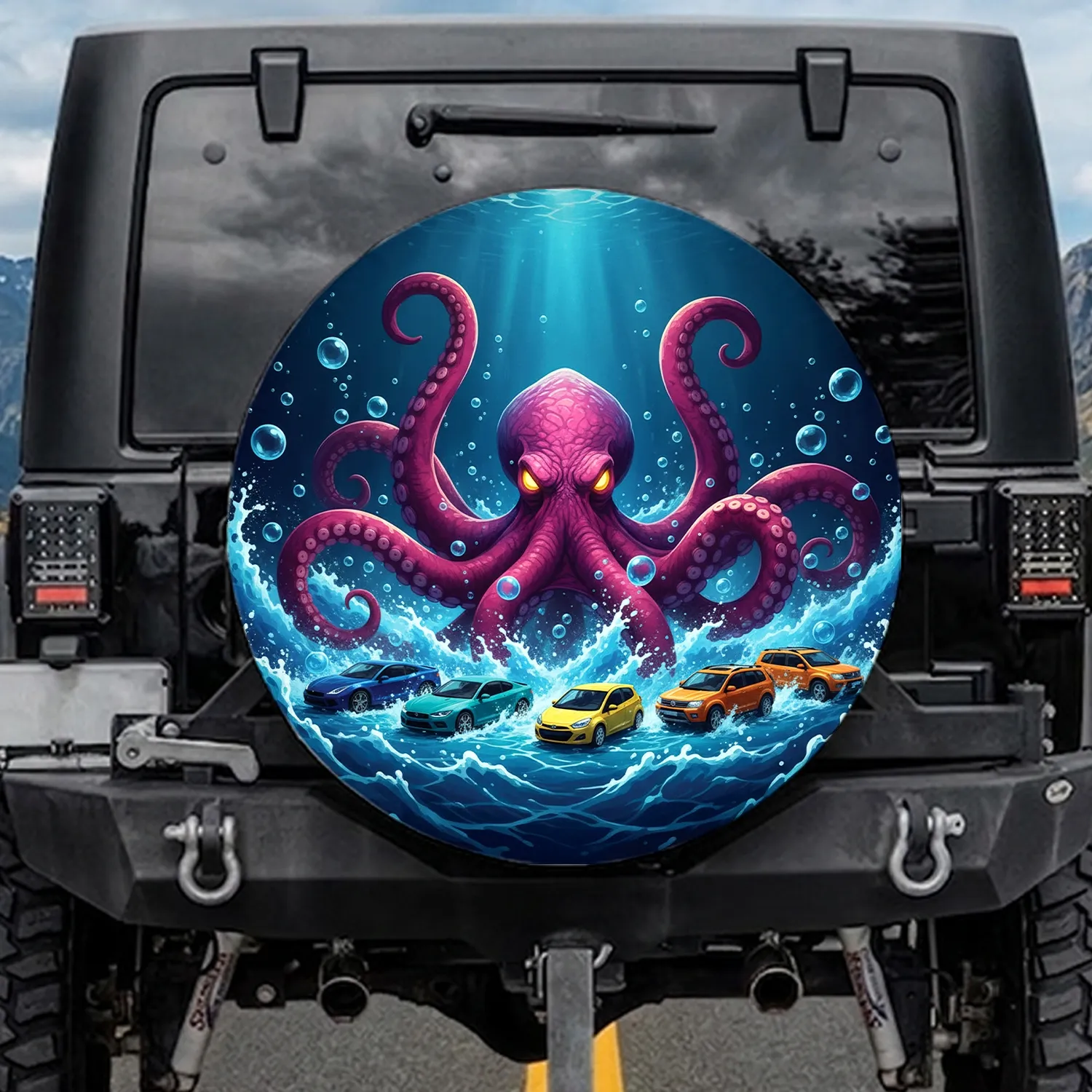 Magenta Purple Octopus Vehicles Driving Water - Adventure Seeker Gift Spare Tire Cover - 1