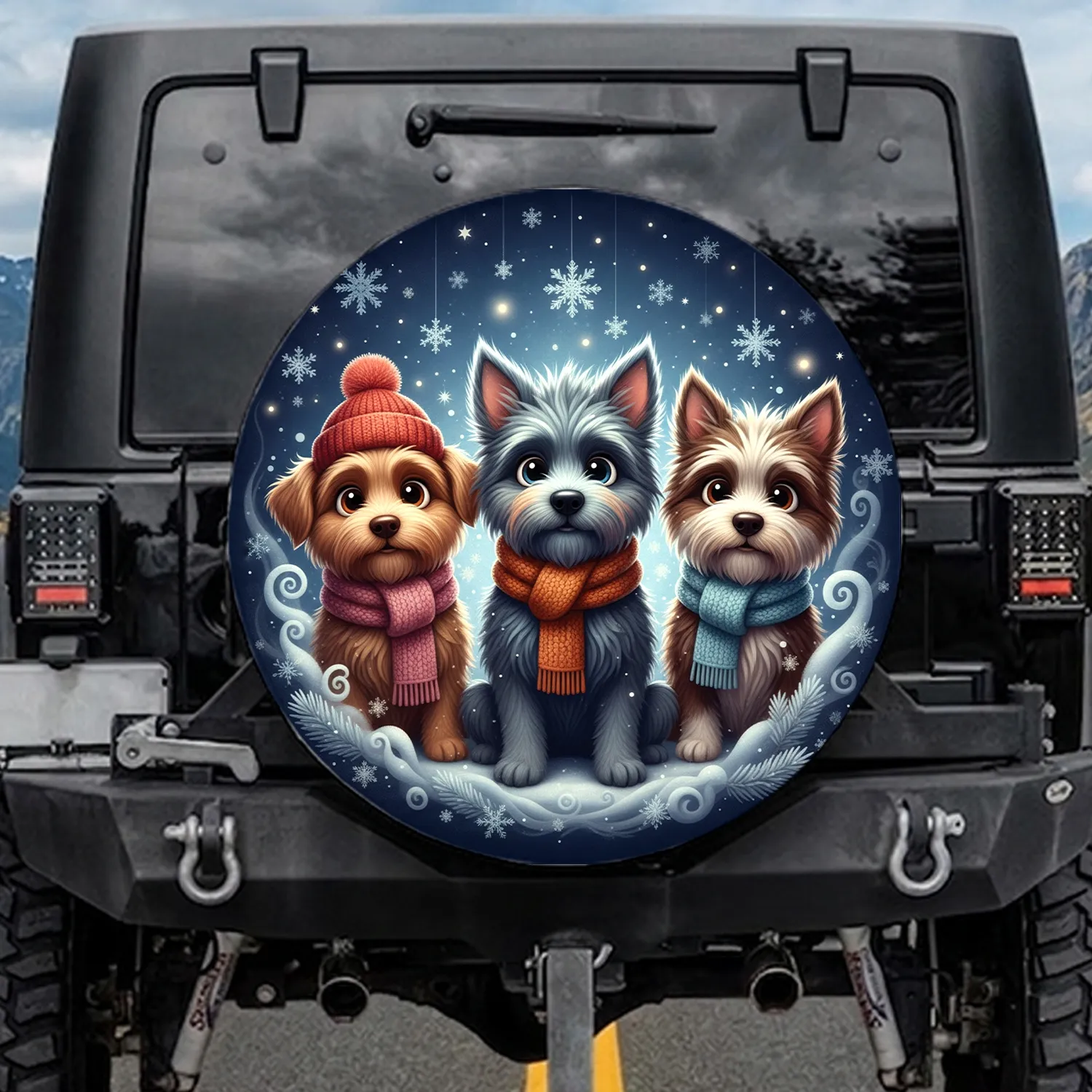 Fluffy Cartoon Dogs Snowflakes Winter Scene - Holiday Season Dog Lover Gift Spare Tire Cover - 1