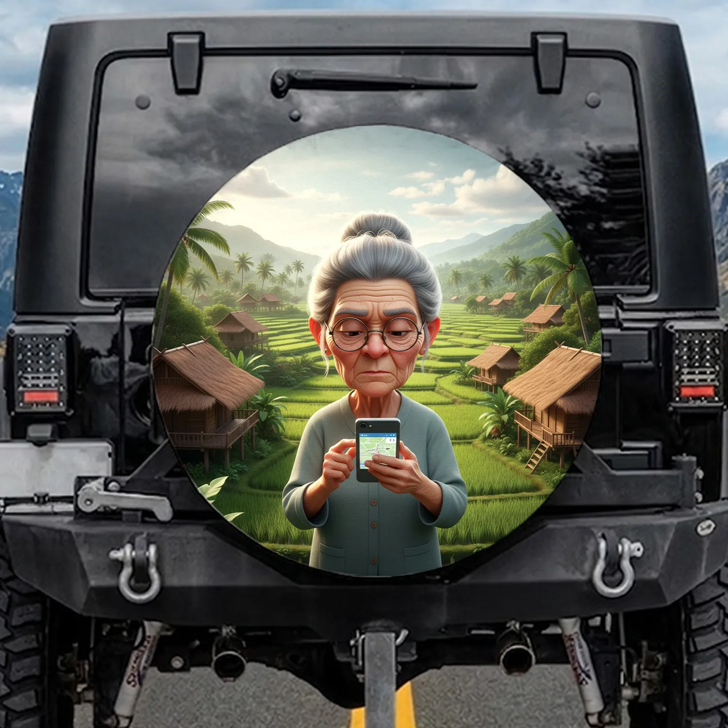 Elderly Woman Smartphone Rice Paddies Village - Rural Life Car Decor Gift Spare Tire Cover - 1