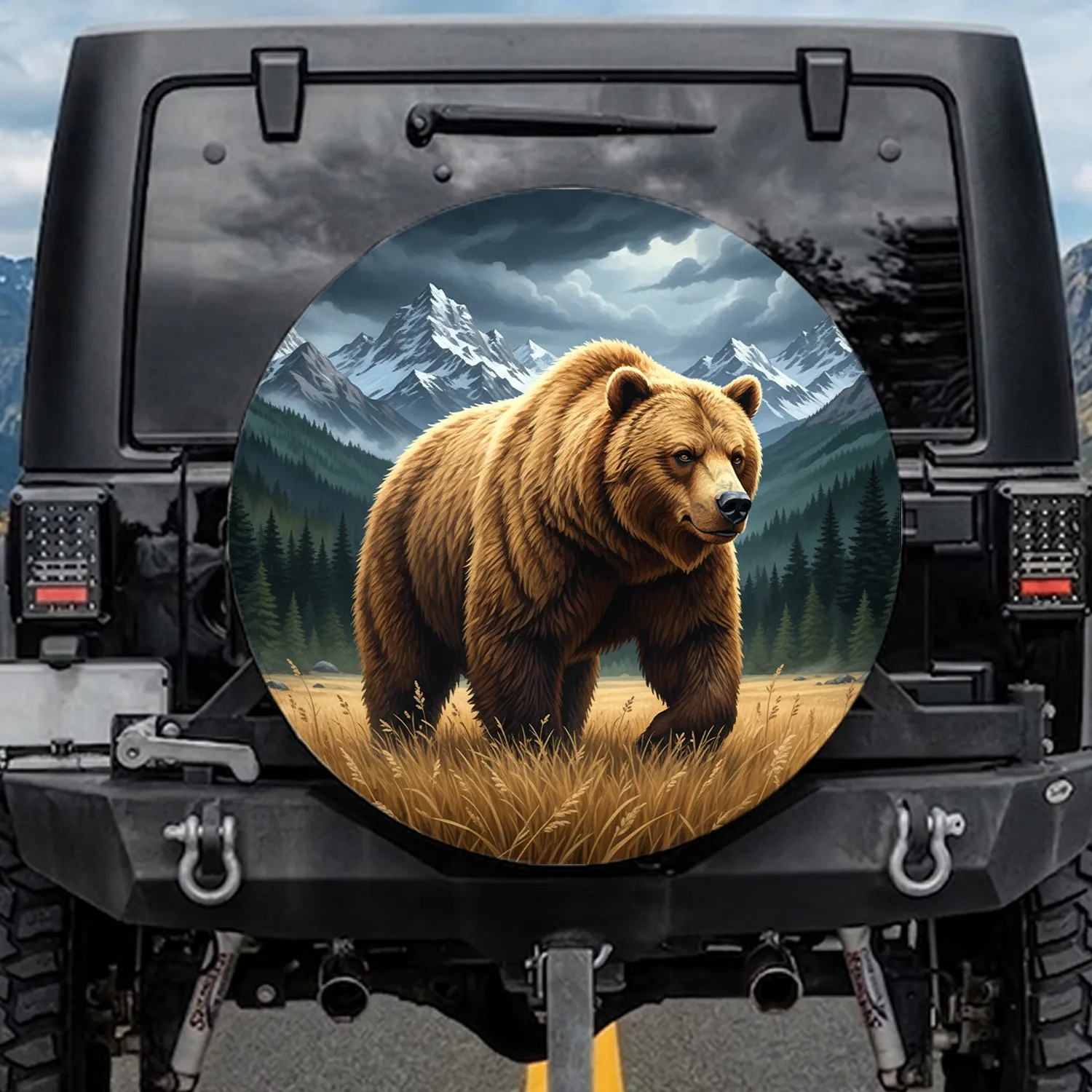 Grizzly Bear Snow-Capped Mountains Pine Forest Wilderness Landscape - Wildlife Lover Gift Spare Tire Cover - 1