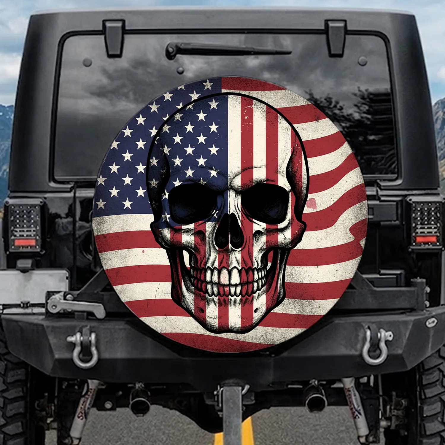 Distressed American Flag Skull - Independence Day Gift for Veterans Spare Tire Cover - 1