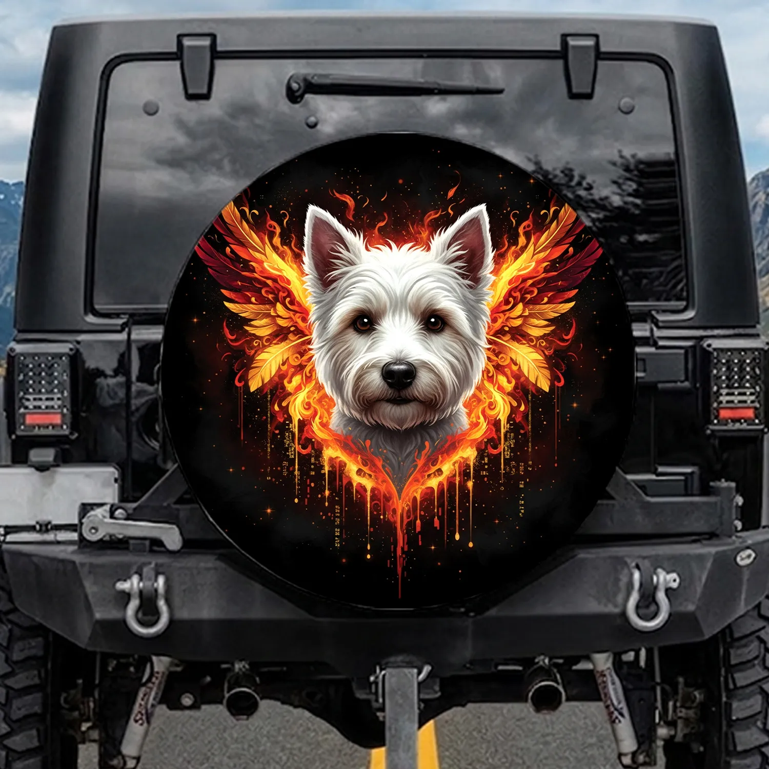 White Fluffy Terrier Dog Head Fiery Wings Golden Feathers Stardust Nebula - Dog Lover Gift Spare Tire Cover - 1