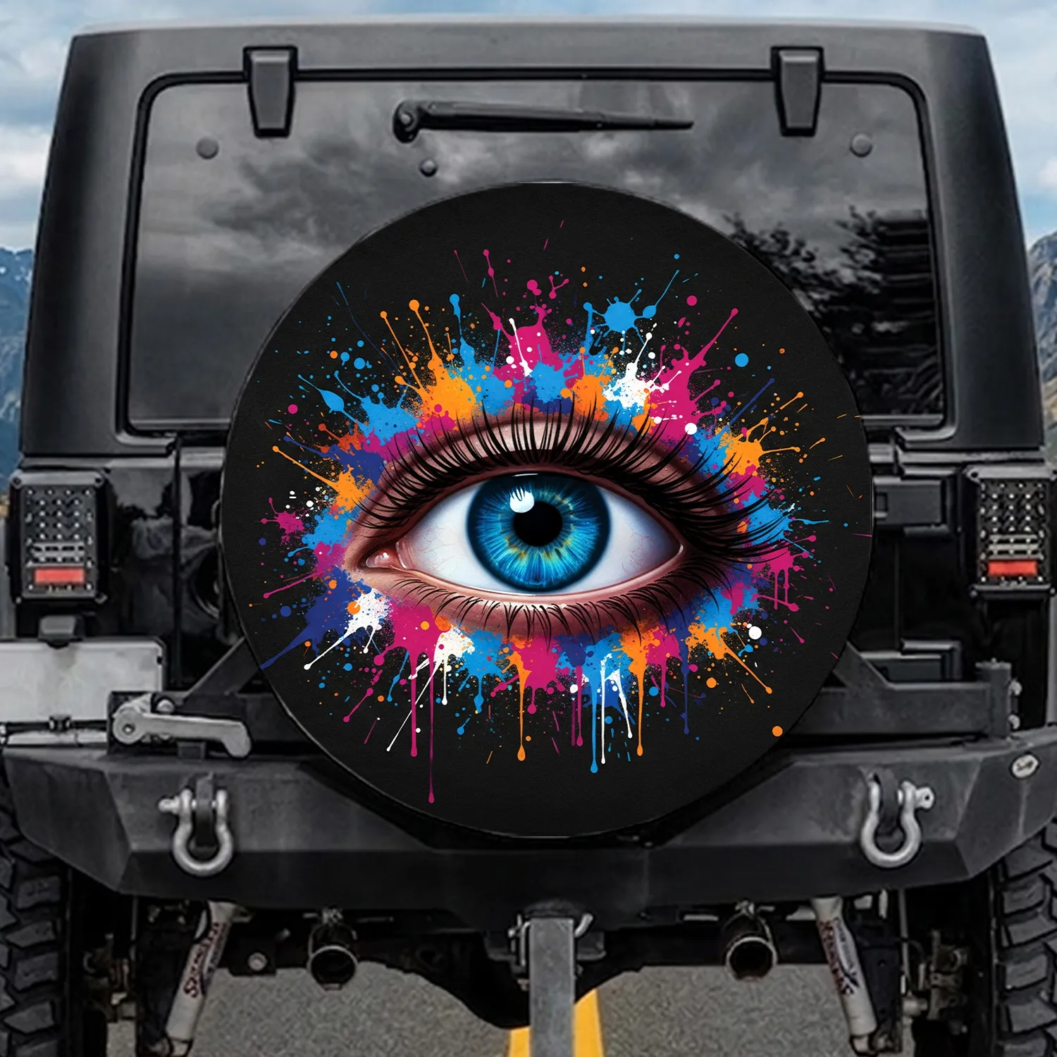 Large Human Eye Blue Iris Long Eyelashes Dark Charcoal Background - Travel Essentials Spare Tire Cover - 1