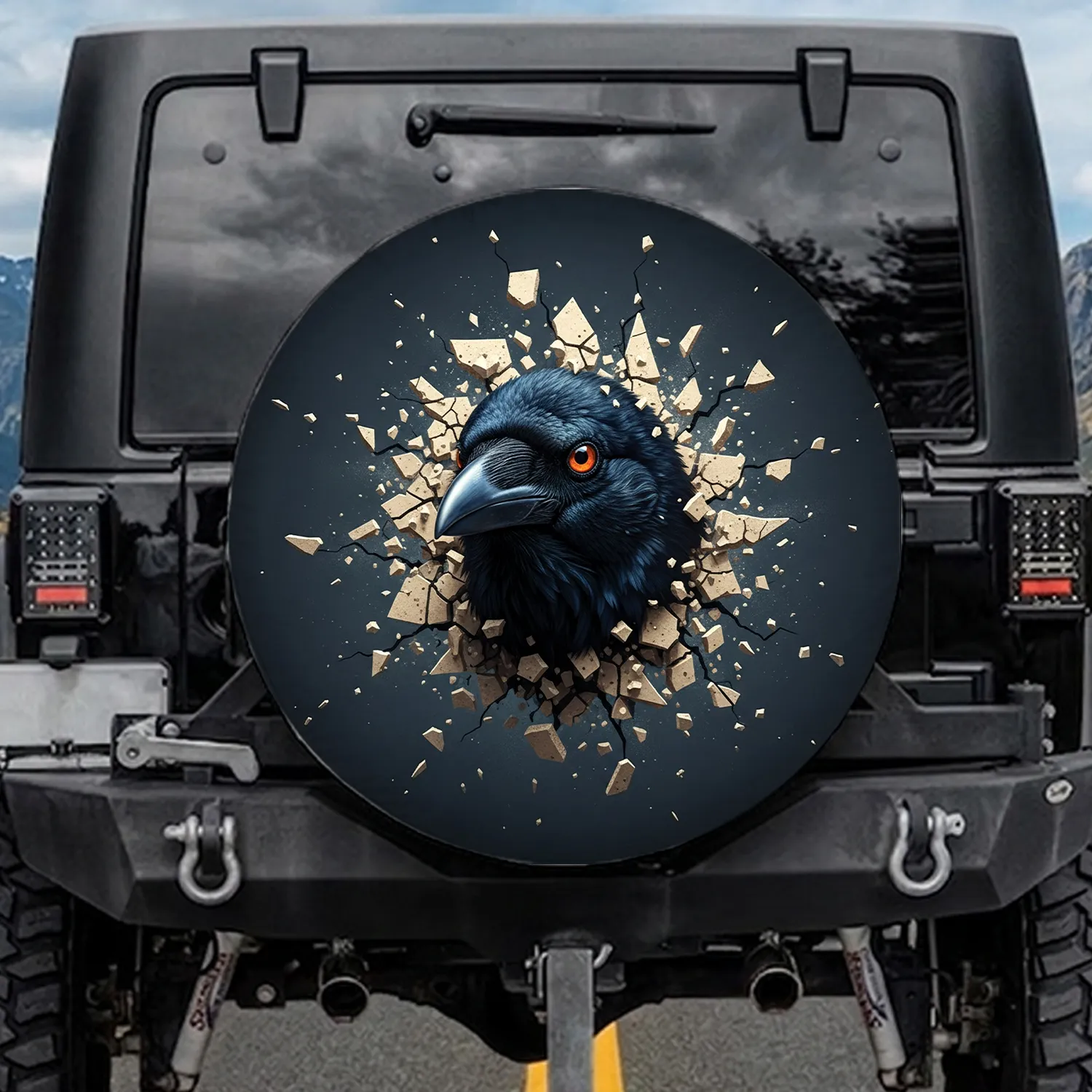 Black Crow Orange Eye Shattered Concrete Fissures - Wildlife Lover Gift Spare Tire Cover - 1