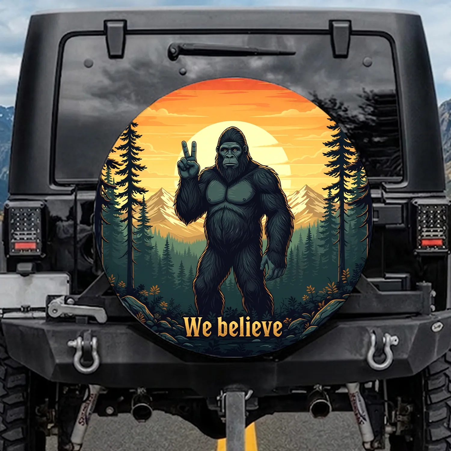 Sasquatch Peace Sign Forest Mountain Sunset - Wildlife Lover Gift for Bigfoot Enthusiast Spare Tire Cover - 1