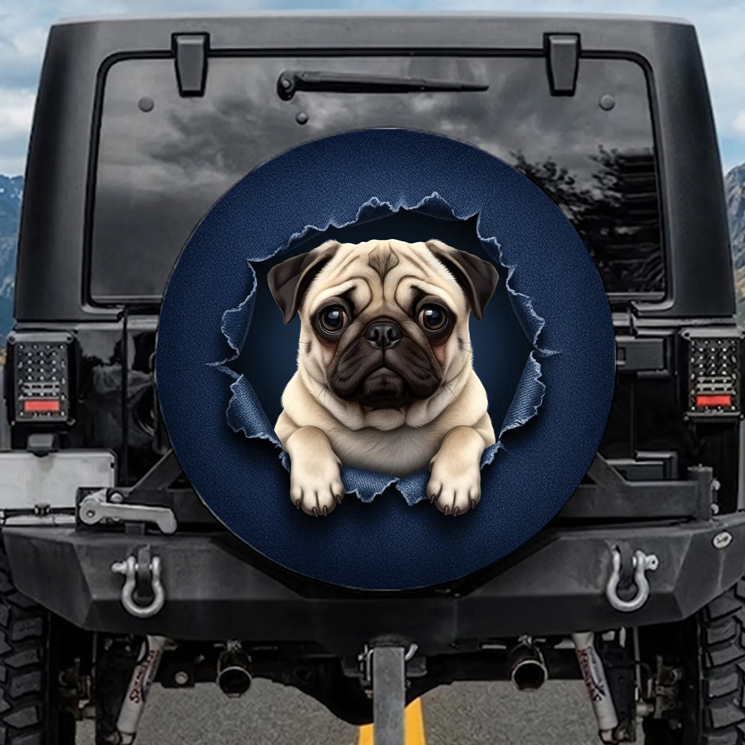 Fawn Pug Dog Peeking Torn Indigo Denim Void - Everyday Pet Lover Gift for Dog Owners Spare Tire Cover - 1