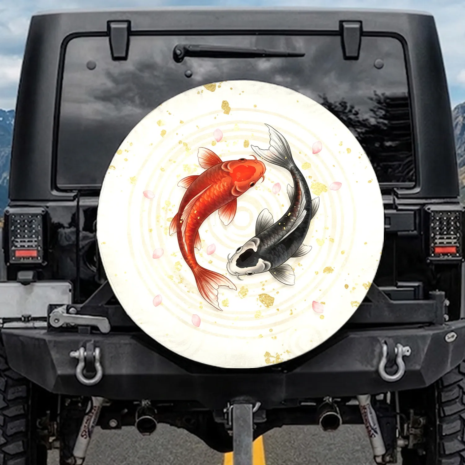 Koi Fish Cherry Blossom Gold Leaf Water Ripples - Zen Garden Car Decor Gift Spare Tire Cover - 1