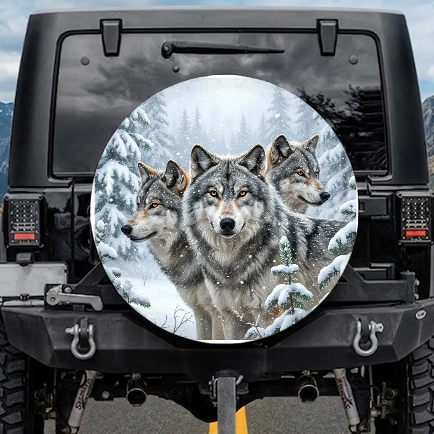Majestic Three Grey Wolves Snowy Forest Blizzard - Wildlife Lover Gift Spare Tire Cover - 1