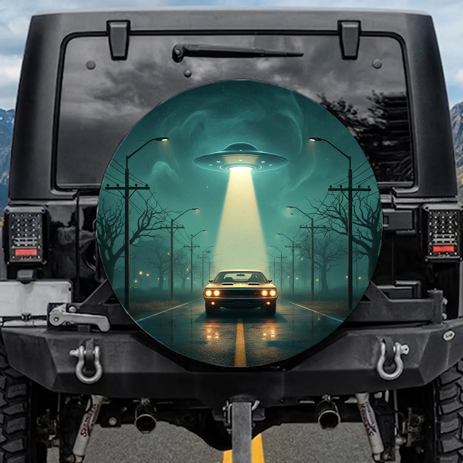 Classic Muscle Car UFO Wet Road - Sci-Fi Fan Gift Spare Tire Cover - 1