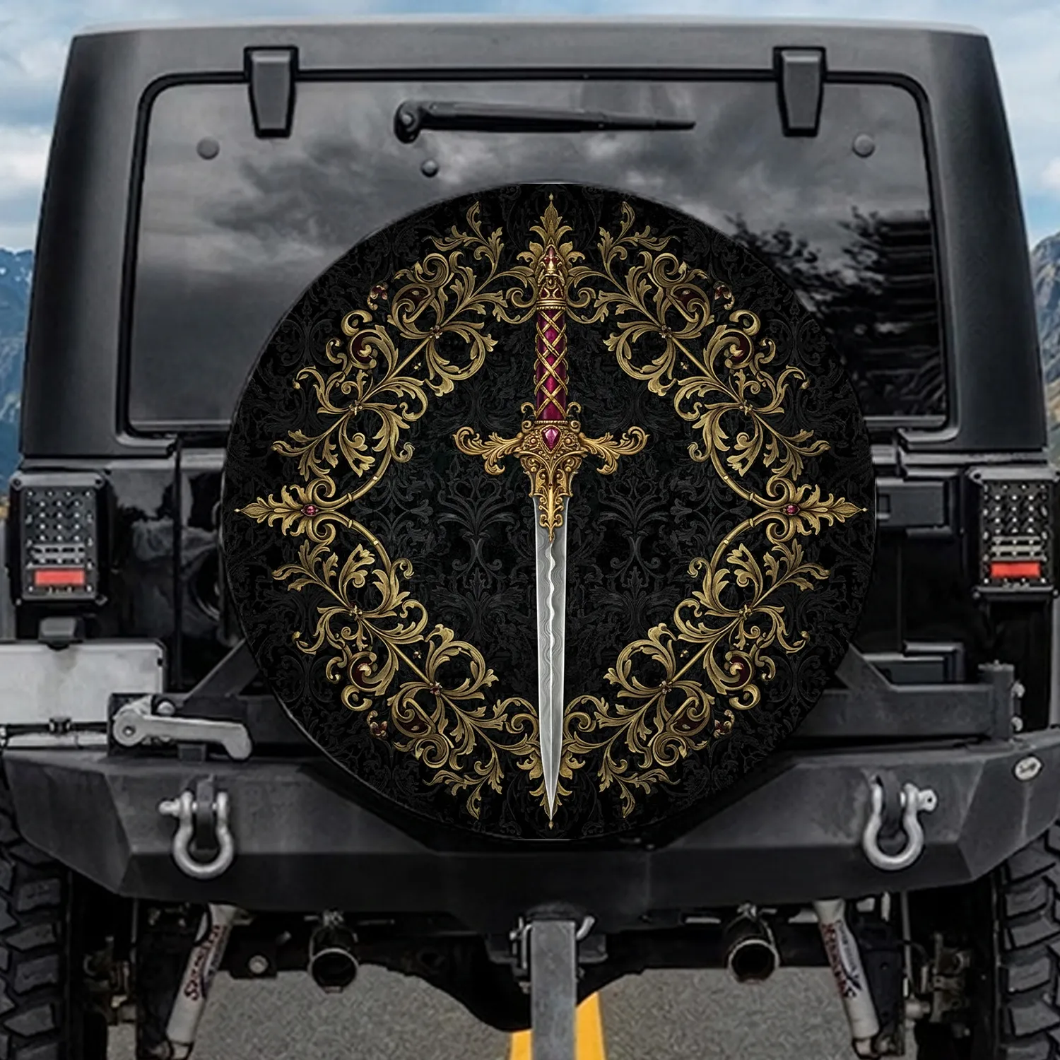 Fantasy Sword Baroque Floral Gothic Botanical - Car Decor Gift for Dark Fantasy Lover Spare Tire Cover - 1
