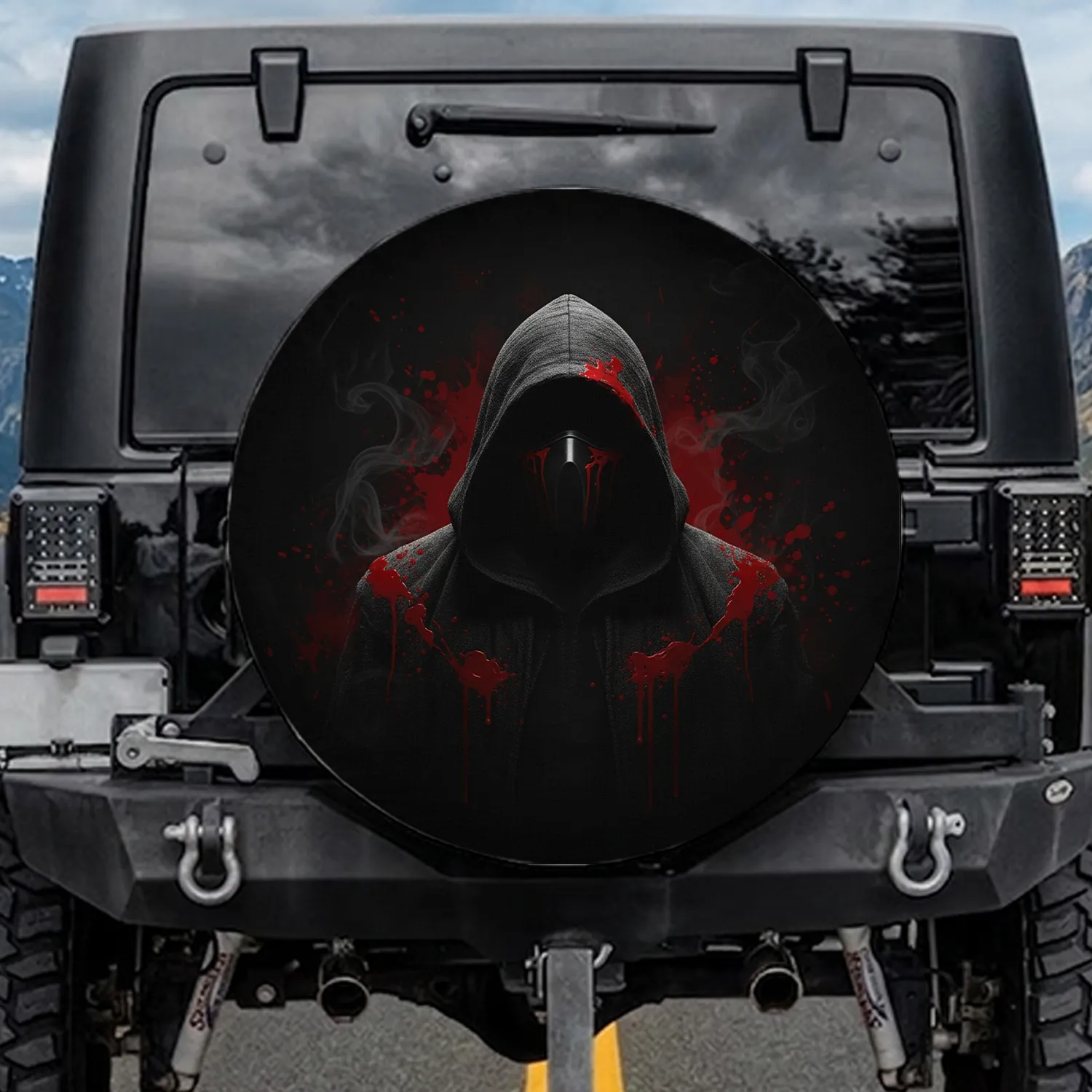 Mysterious Hooded Figure Crimson Splatter Car Decor Gift Spare Tire Cover - 1