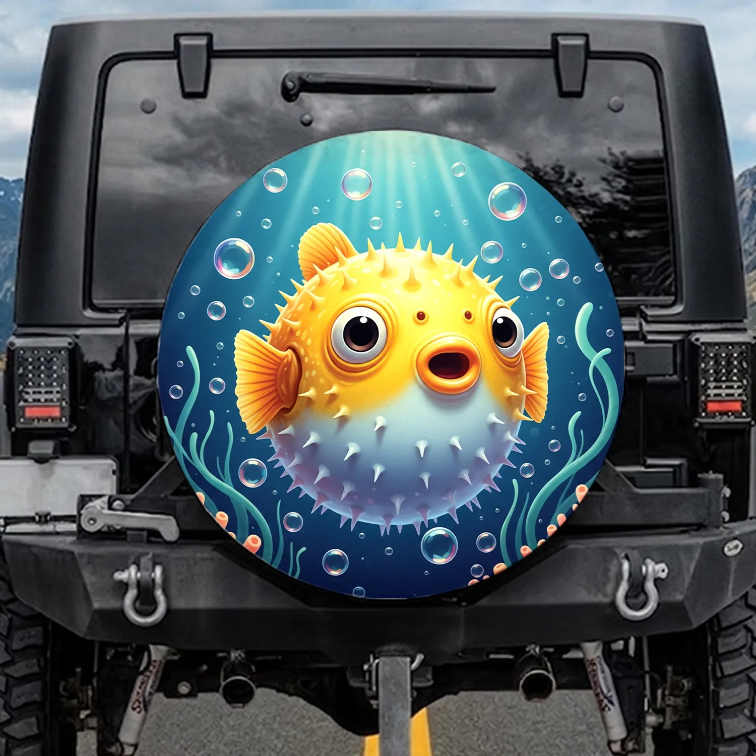 Inflated Yellow Pufferfish Ocean Coral Reef - Car Decor Wildlife Lover Gift Spare Tire Cover - 1