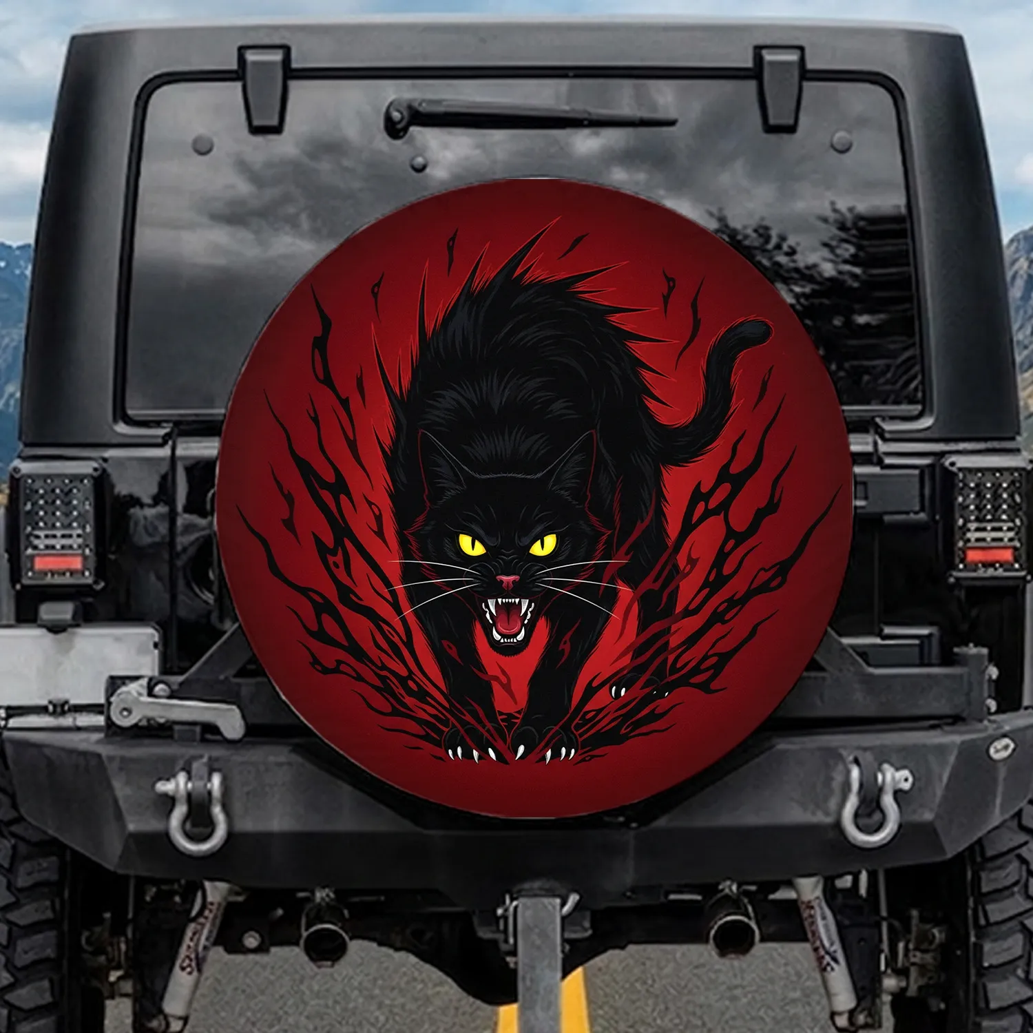 Aggressive Black Cat Halloween - Halloween Celebration Gift for Cat Lover Spare Tire Cover - 1