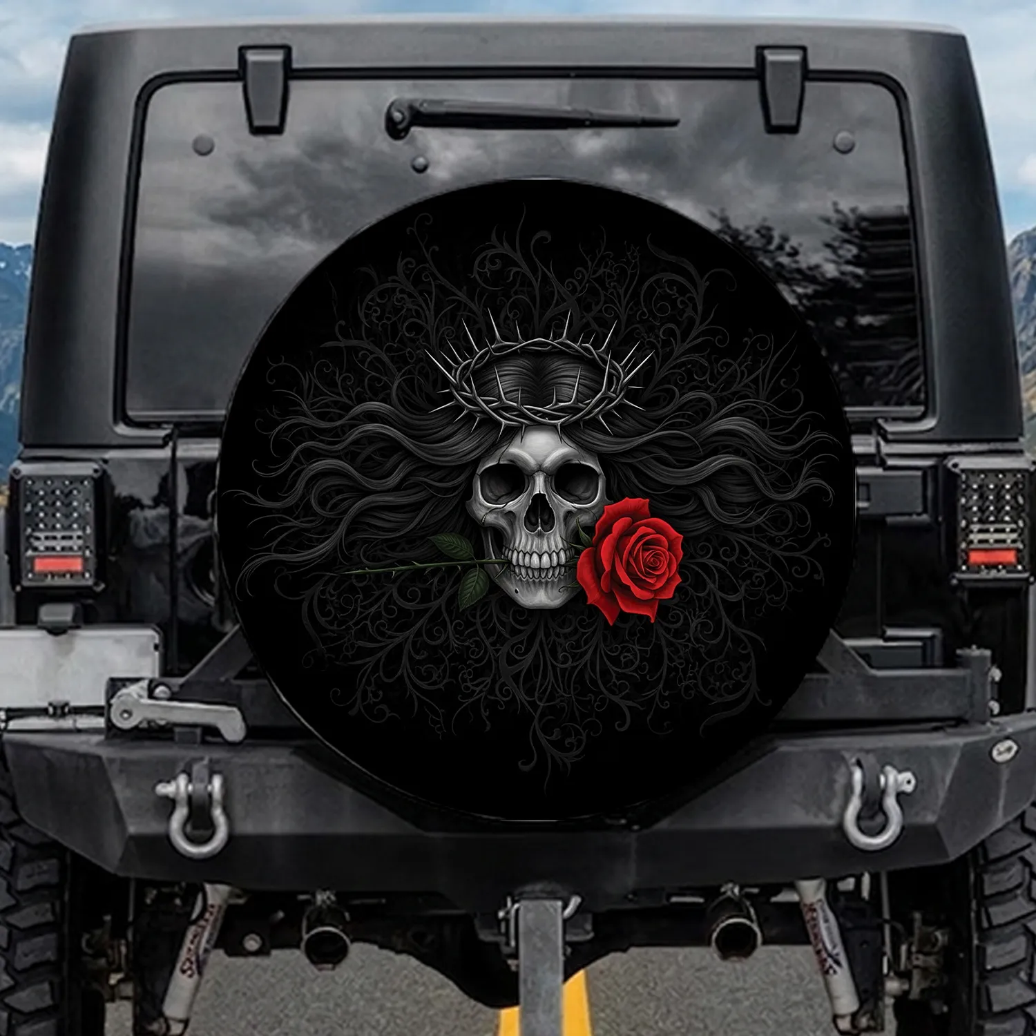 Human Skull Crown Thorns Red Rose Wavy Hair - Gothic Lifestyle Vehicle Decor Spare Tire Cover - 1