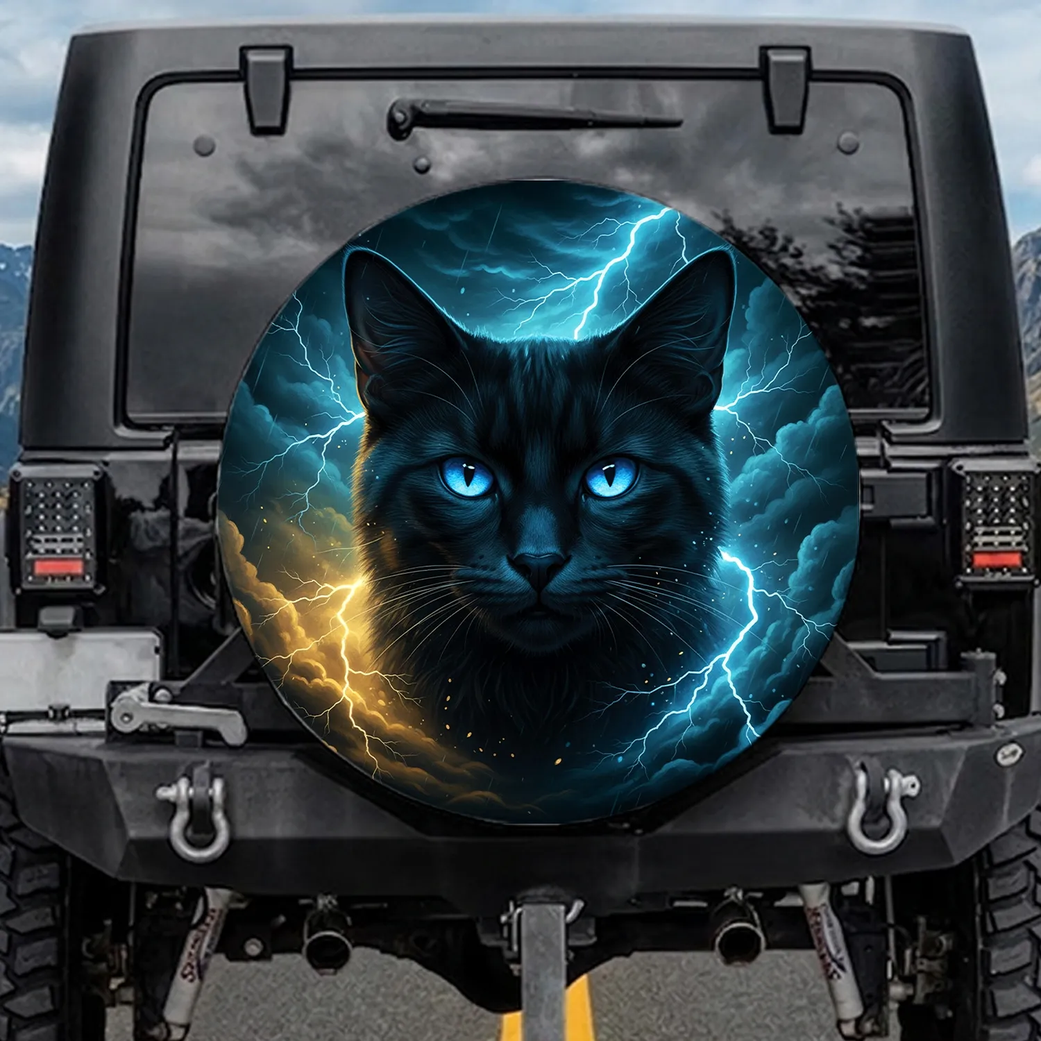 Black Cat Glowing Blue Eyes Lightning Bolts Storm Sky - Wildlife Lover Gift Spare Tire Cover - 1