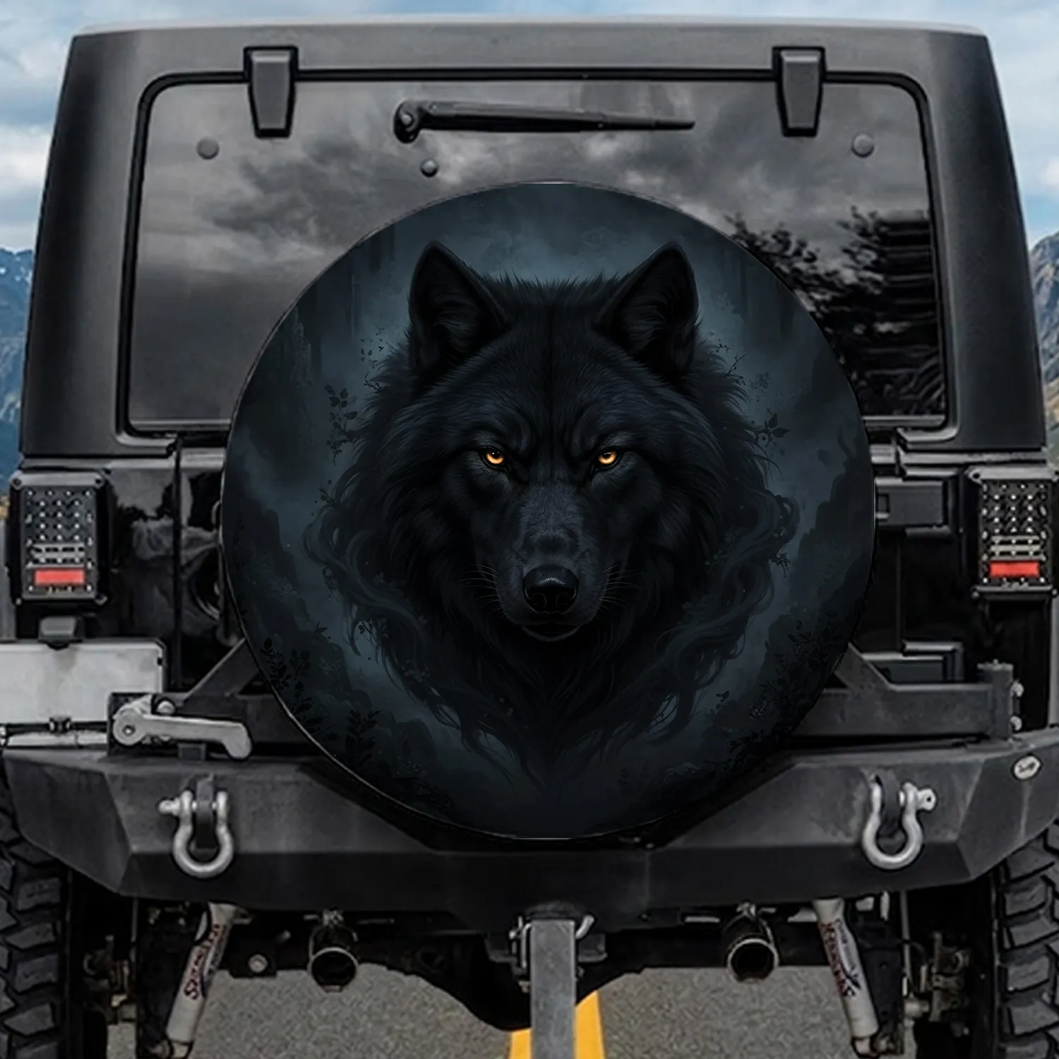 Black Wolf Head Glowing Amber Eyes - Mystical Wildlife Lover Gift for Animal Enthusiasts Spare Tire Cover - 1