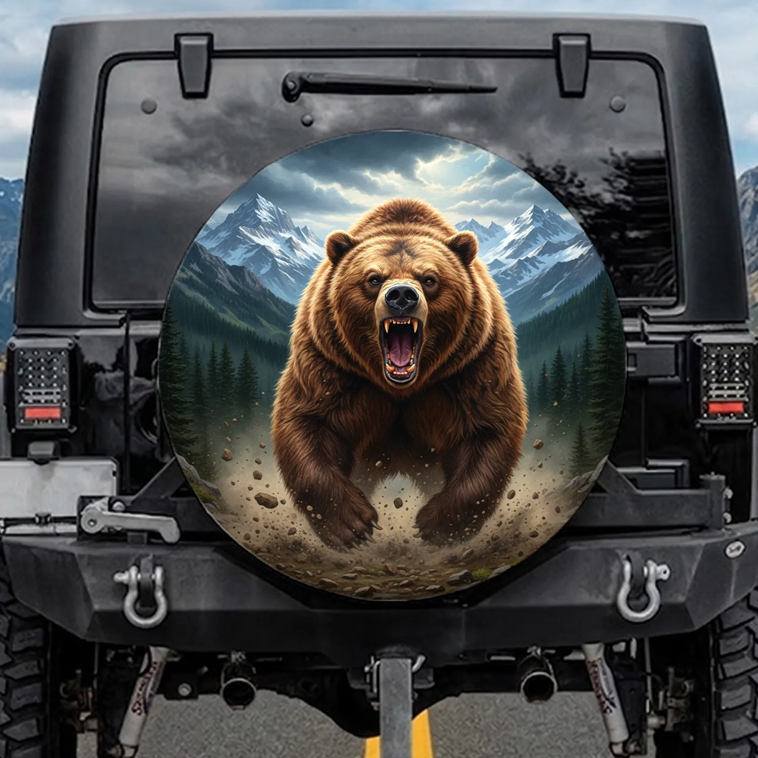Powerful Charging Grizzly Bear Mountain Landscape - Wildlife Lover Outdoor Adventure Gift Spare Tire Cover - 1
