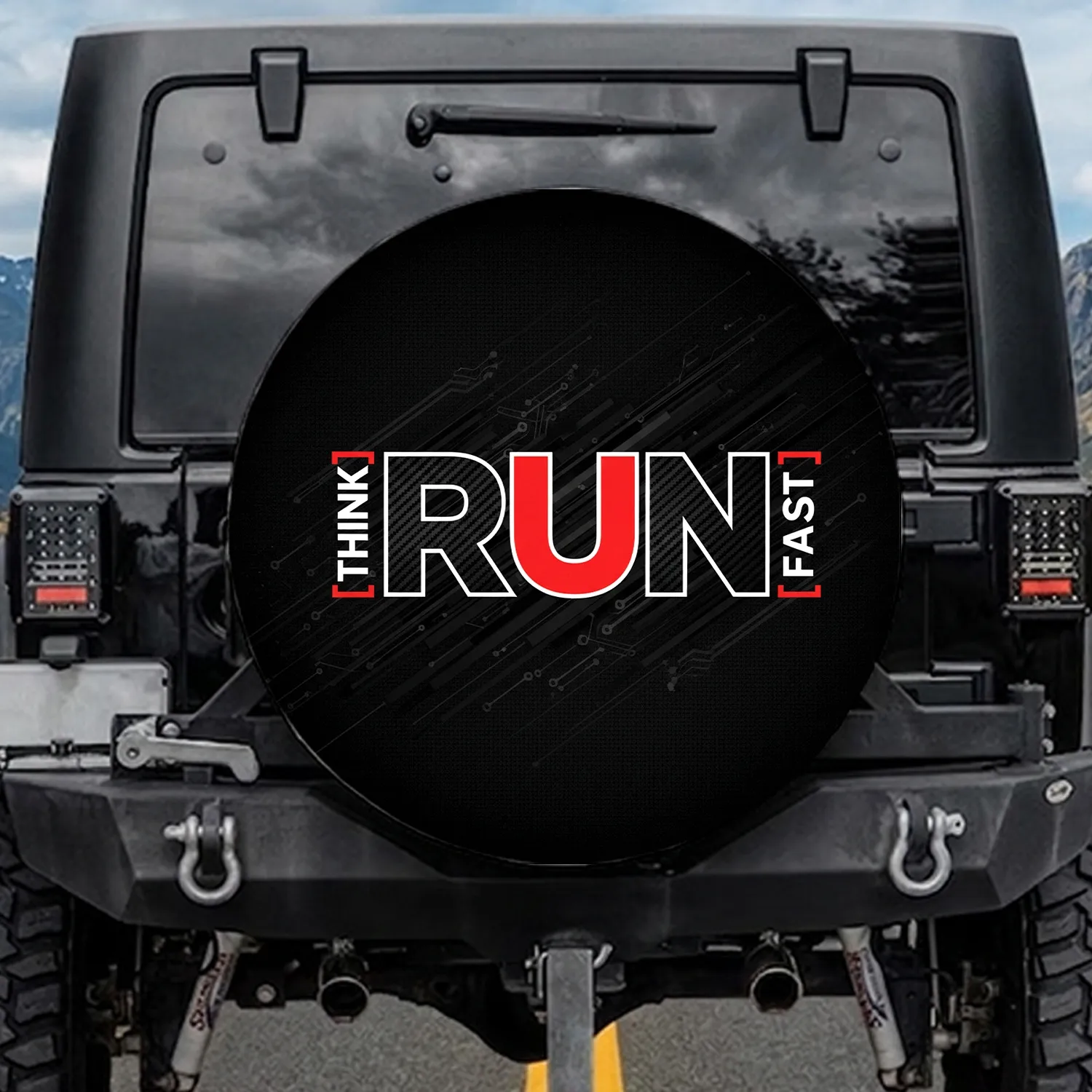RUN THINK FAST Text Carbon Fiber - Athletic Lifestyle Motivation Spare Tire Cover - 1