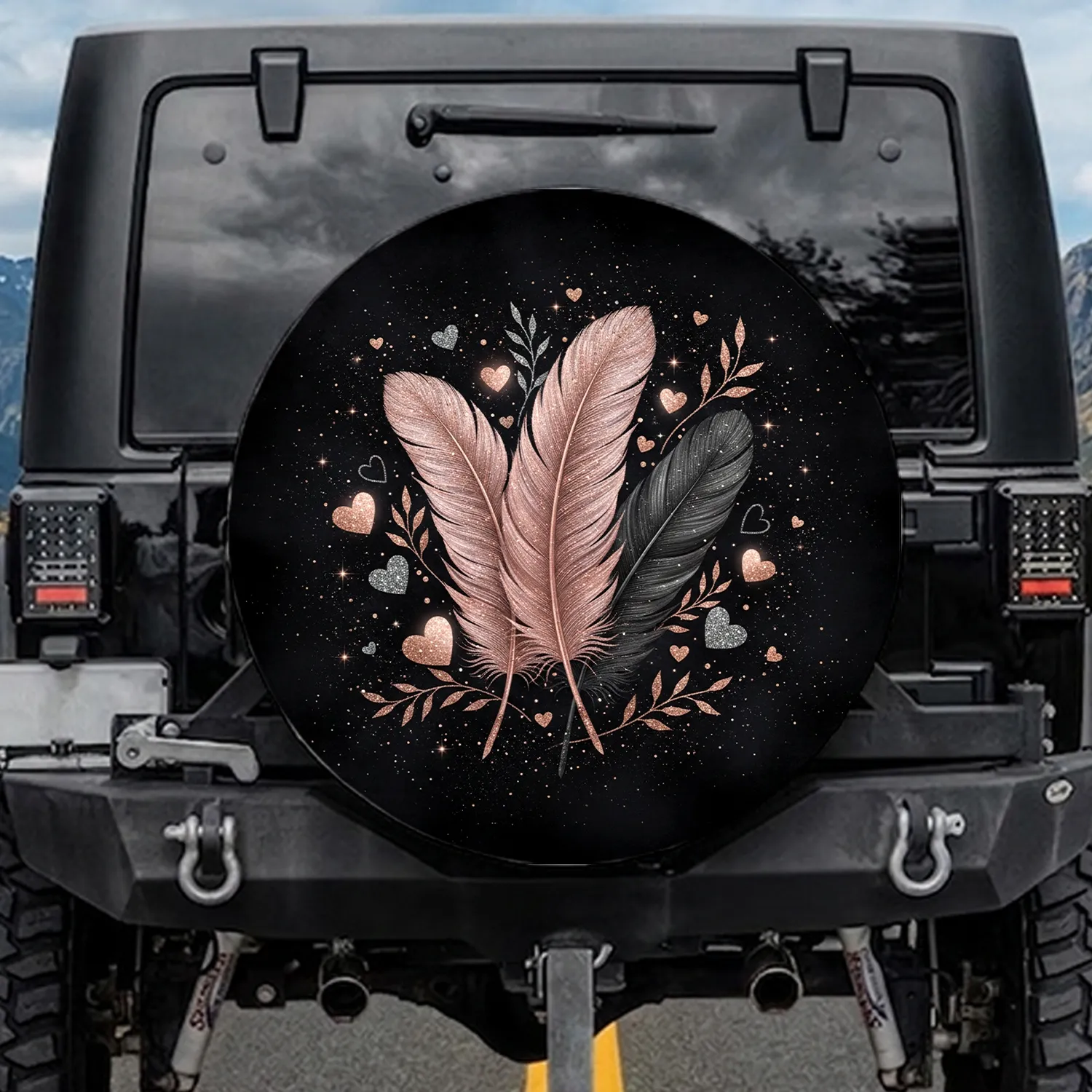 Feathers Hearts Leaves Starry Night - Car Decor Gift Spare Tire Cover - 1