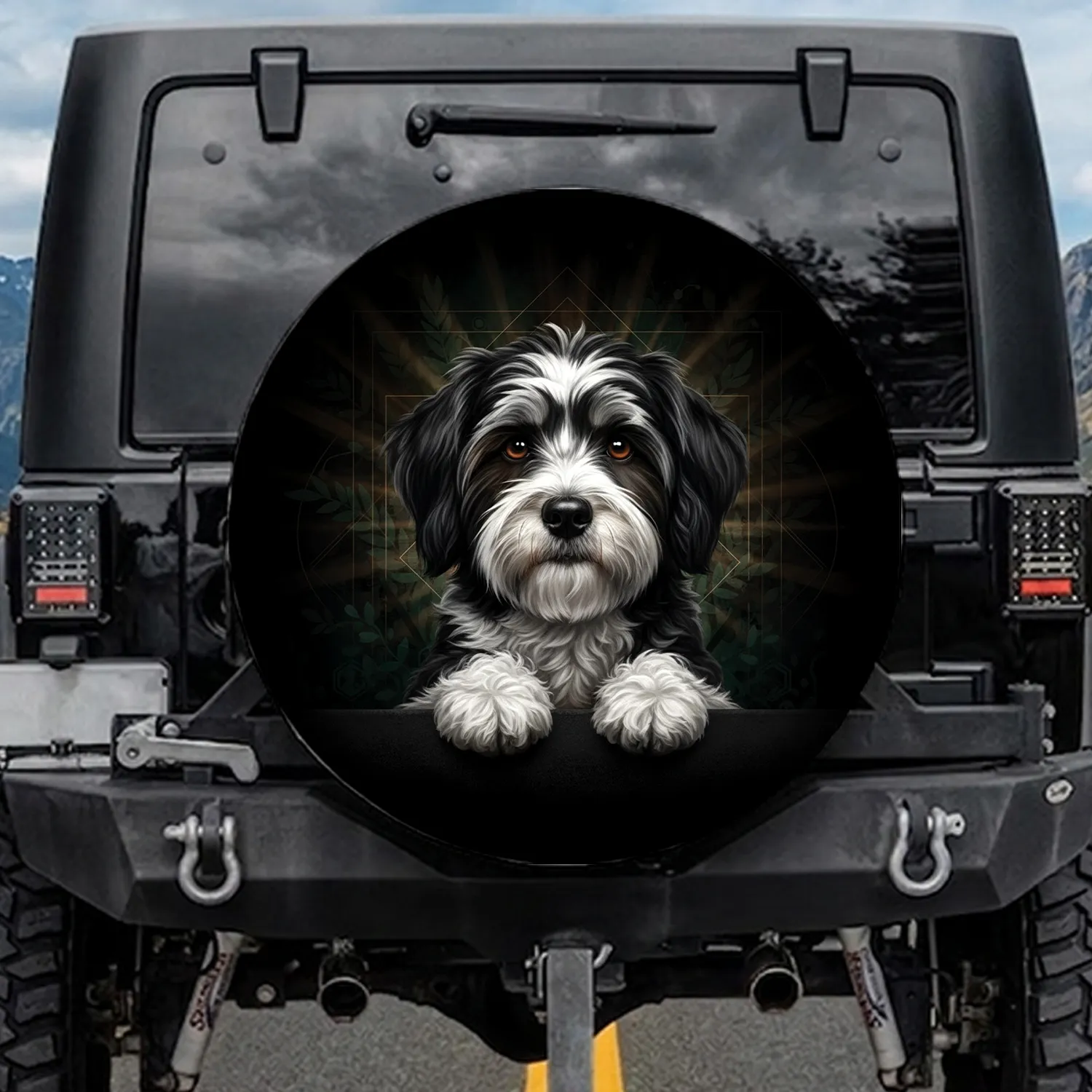 Fluffy Black White Dog Expressive Eyes Paws - Dog Lover Car Decor Gift Spare Tire Cover - 1