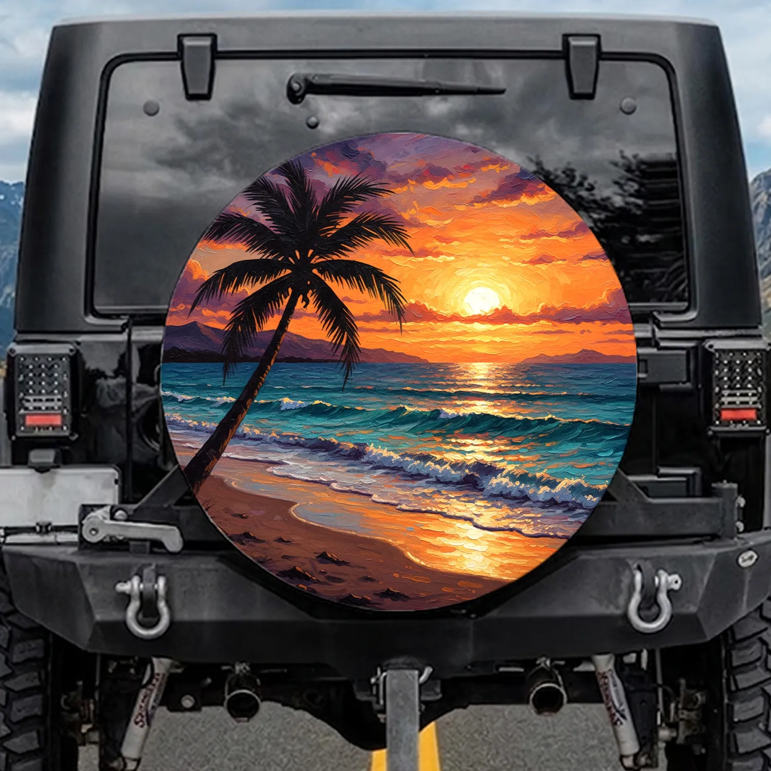 Silhouetted Palm Tree Ocean Sunset Beach - Tropical Getaway Travel Essential for Beach Lovers Spare Tire Cover - 1