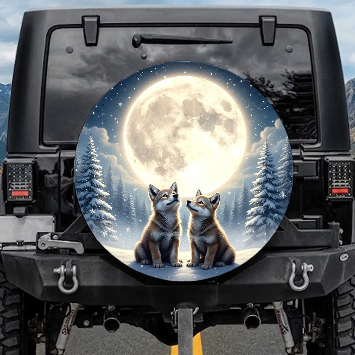 Wolf Pups Snow Full Moon Snow-Covered Pine Trees Starry Sky - Nature Lover Gift Spare Tire Cover - 1