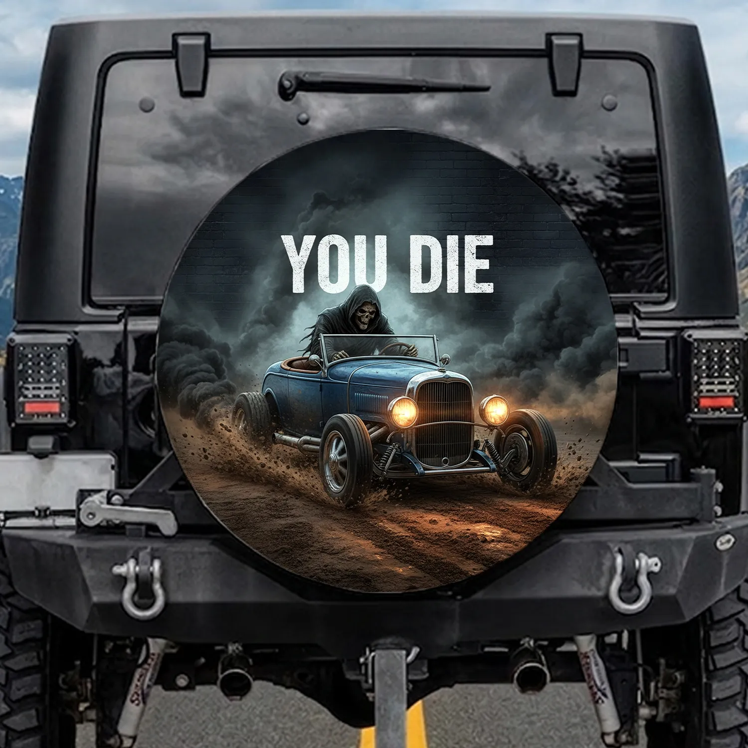 Macabre Skeleton Hot Rod YOU DIE - Gothic Vehicle Decor Gift Spare Tire Cover - 1
