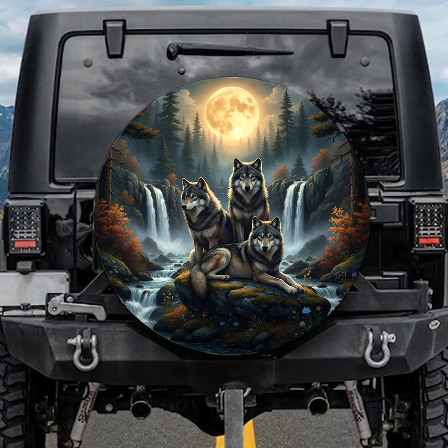 Majestic Gray Wolves Rugged Cliffs Pine Forest Golden Moon Waterfalls - Wildlife Lover Gift Spare Tire Cover - 1