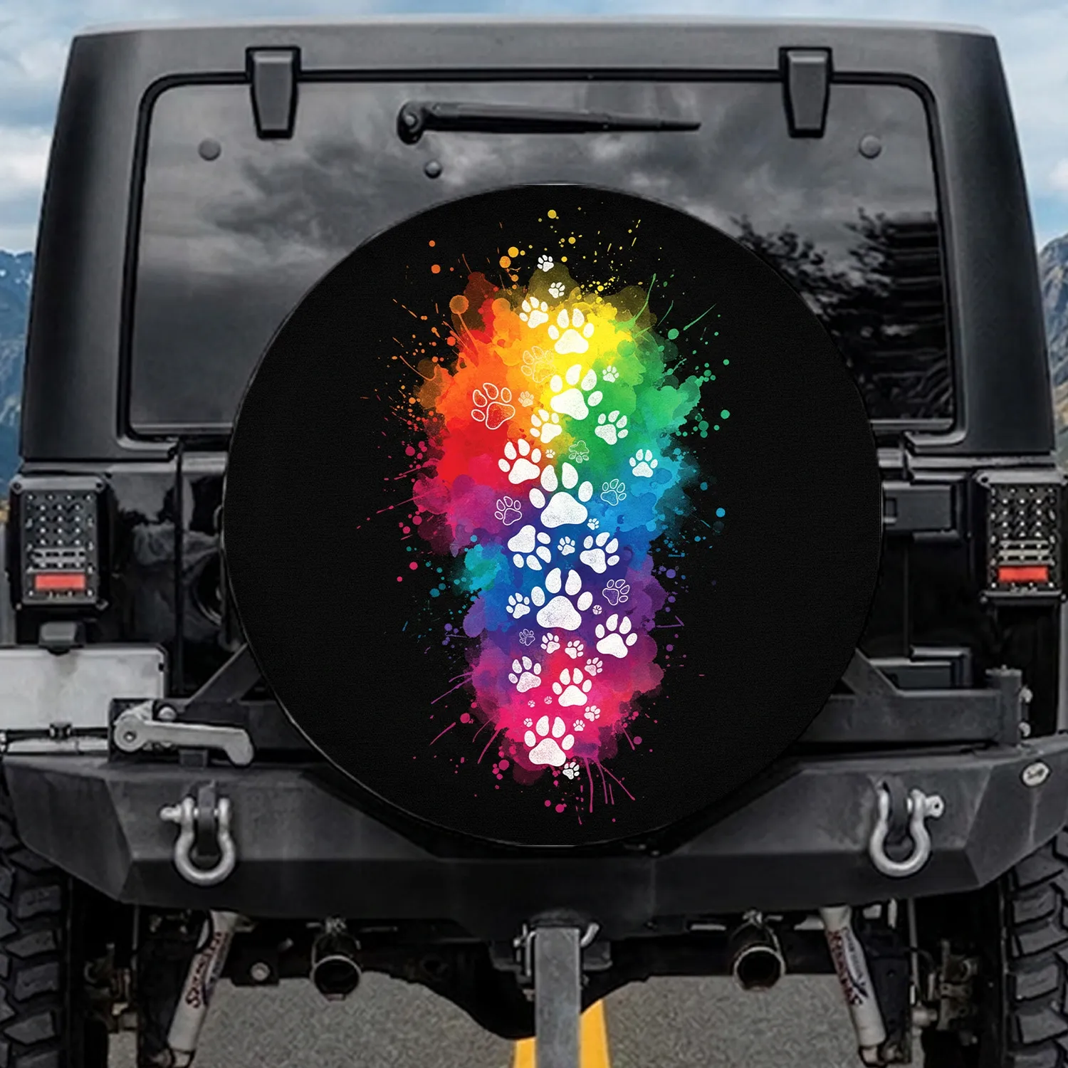 White Paw Prints Cascade Rainbow Wisps - Pet Lover Everyday Lifestyle Gift Spare Tire Cover - 1