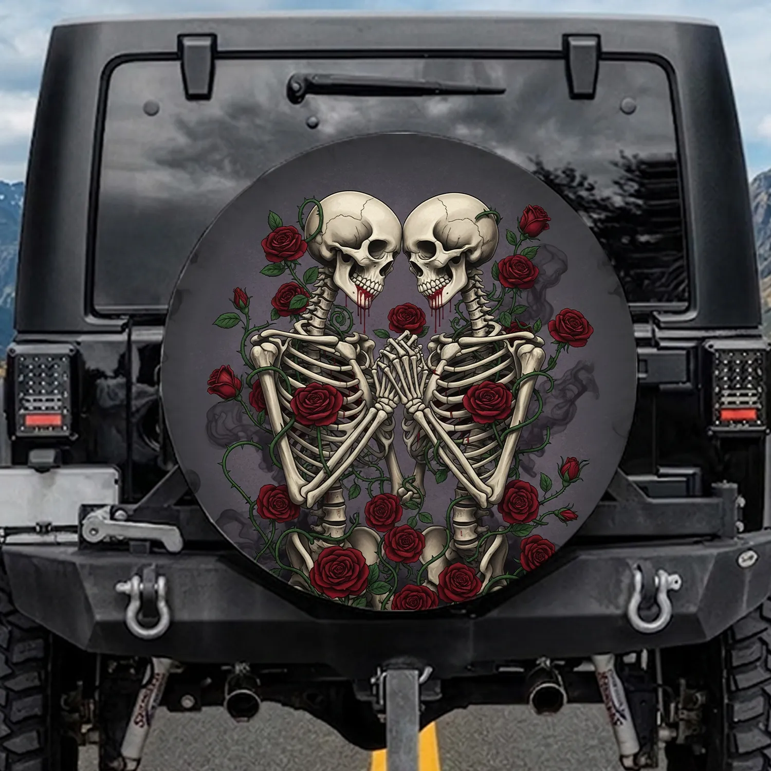 Skeletons Embracing Roses Vines - Dark Romance Vehicle Decor Spare Tire Cover - 1